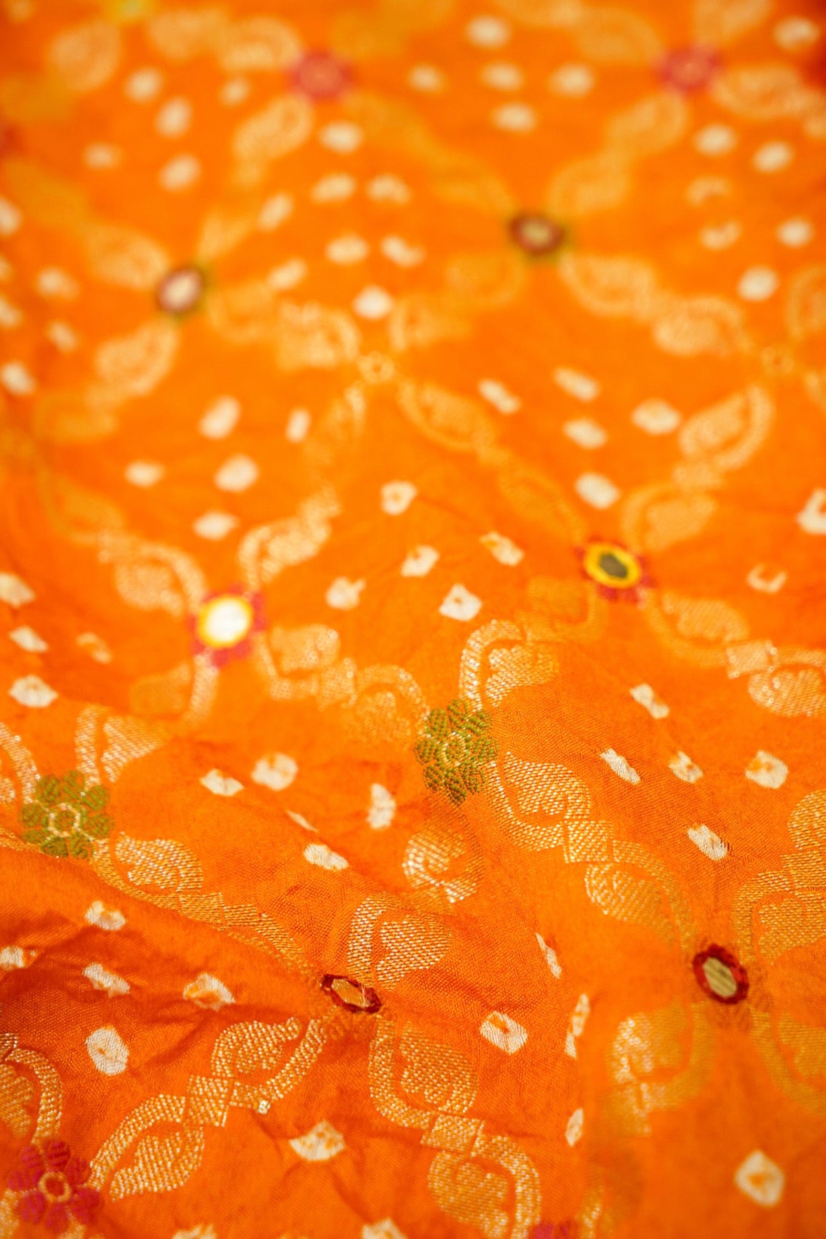 Orange - Vermilion Red Ombre Bandhani Saree with Mirror Work and Fringe Border