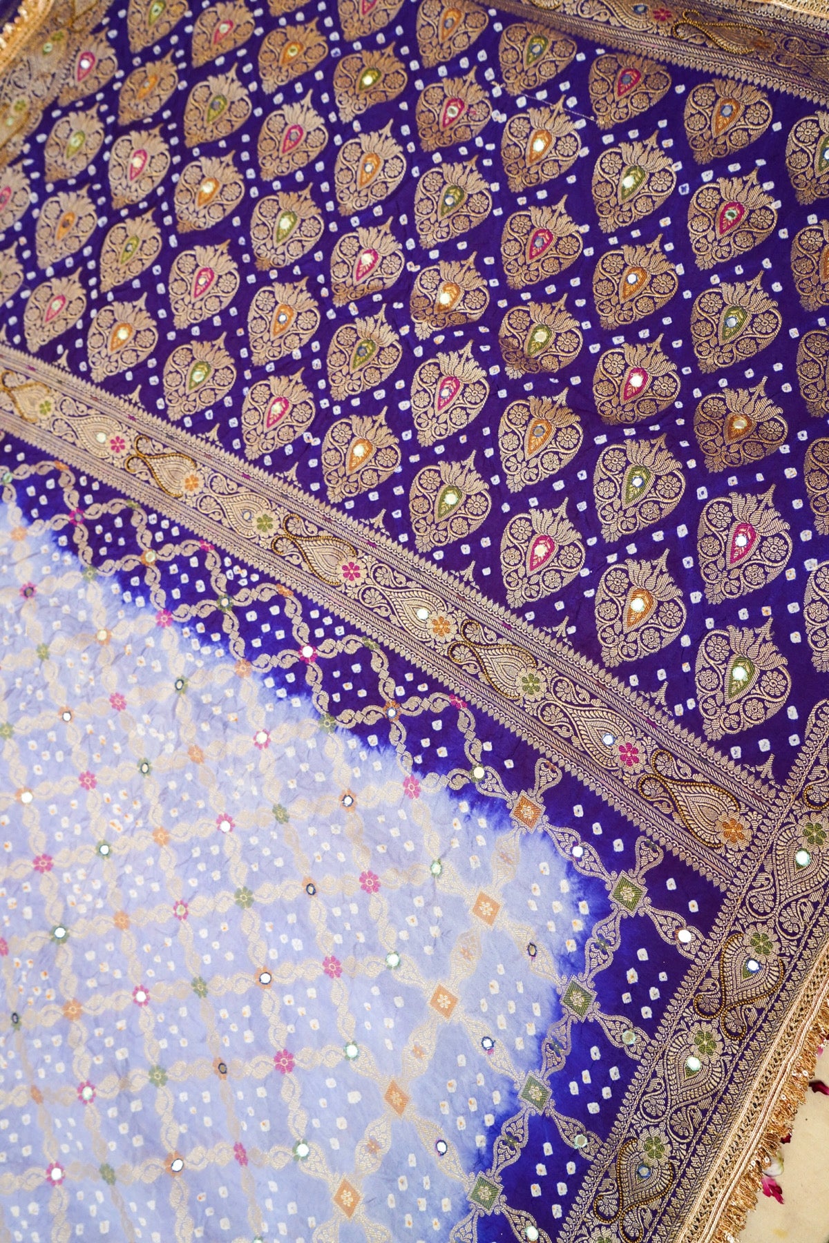 Lavender Mist - Royal Blue Ombre Bandhani Saree with Mirror Work and Fringe Border