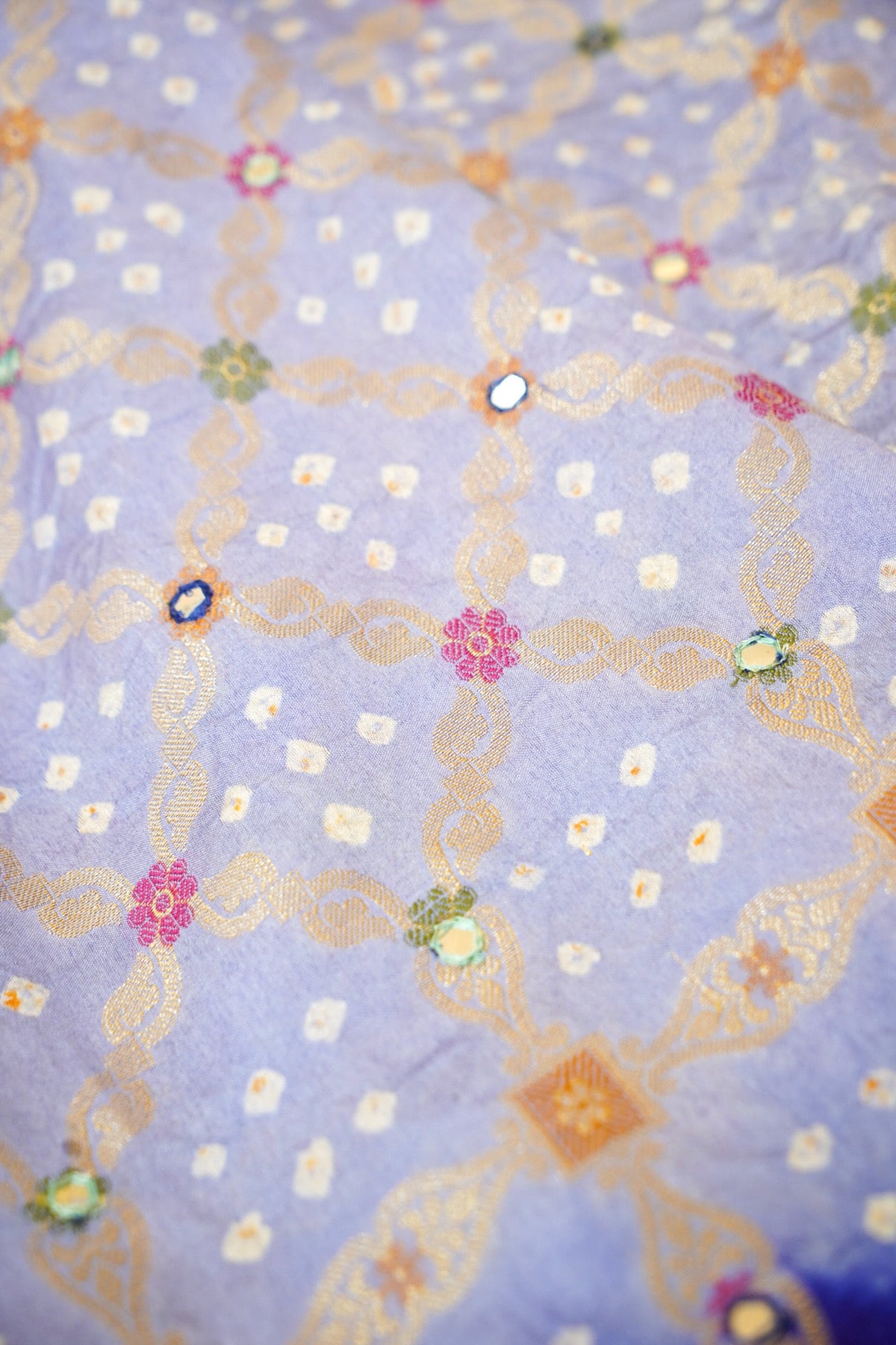 Lavender Mist - Royal Blue Ombre Bandhani Saree with Mirror Work and Fringe Border