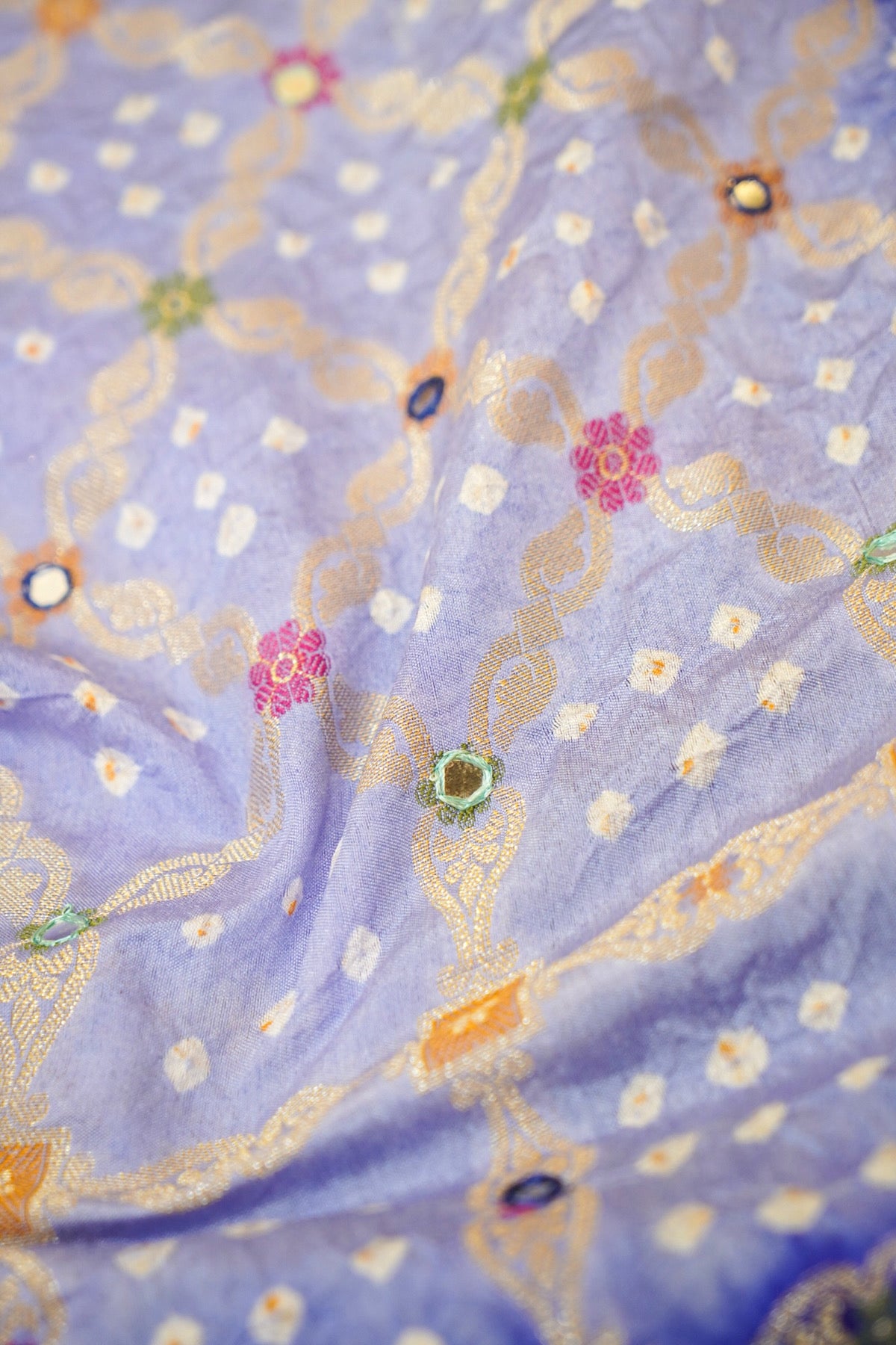 Lavender Mist - Royal Blue Ombre Bandhani Saree with Mirror Work and Fringe Border