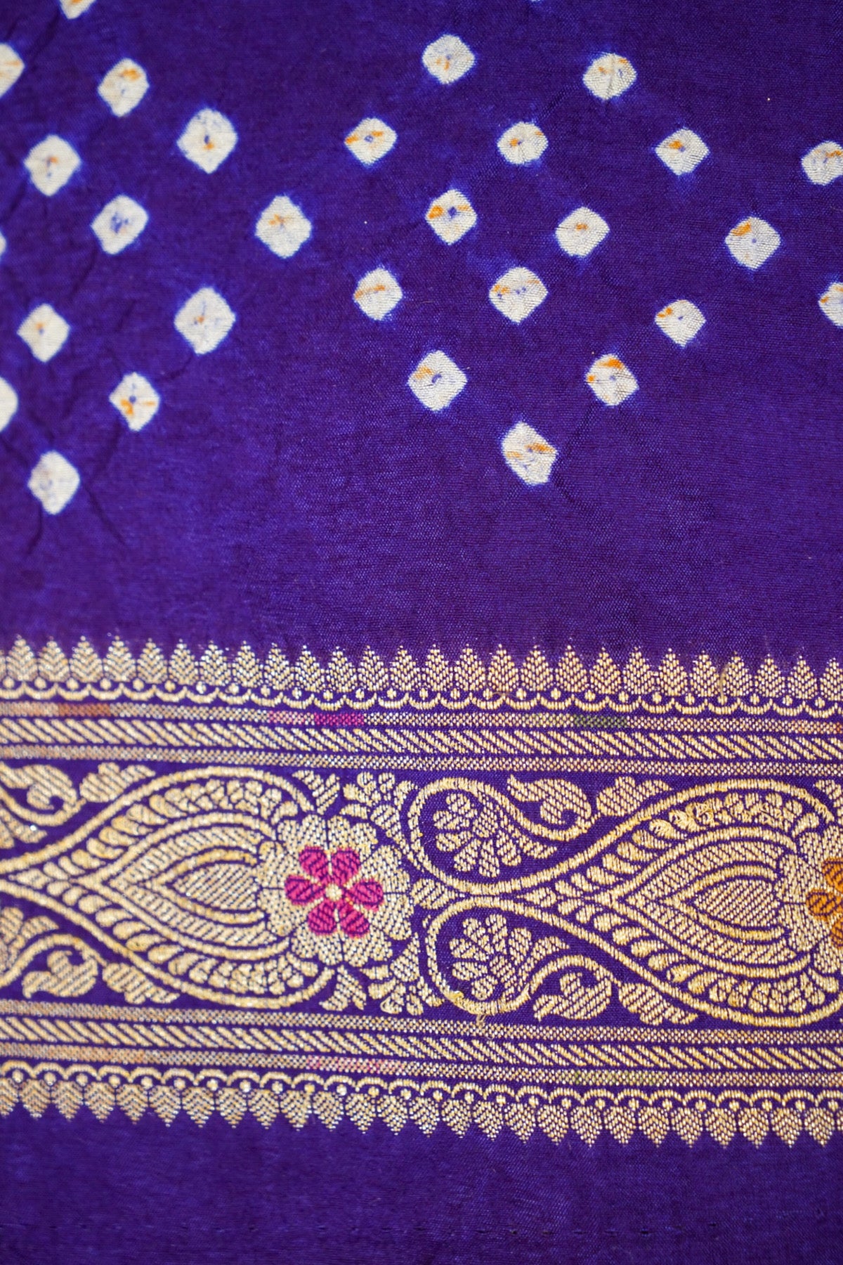 Lavender Mist - Royal Blue Ombre Bandhani Saree with Mirror Work and Fringe Border