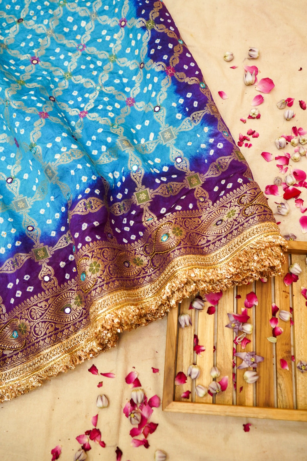 Turquoise Blue - Royal Purple Ombre Bandhani Saree with Mirror Work and Fringe Border
