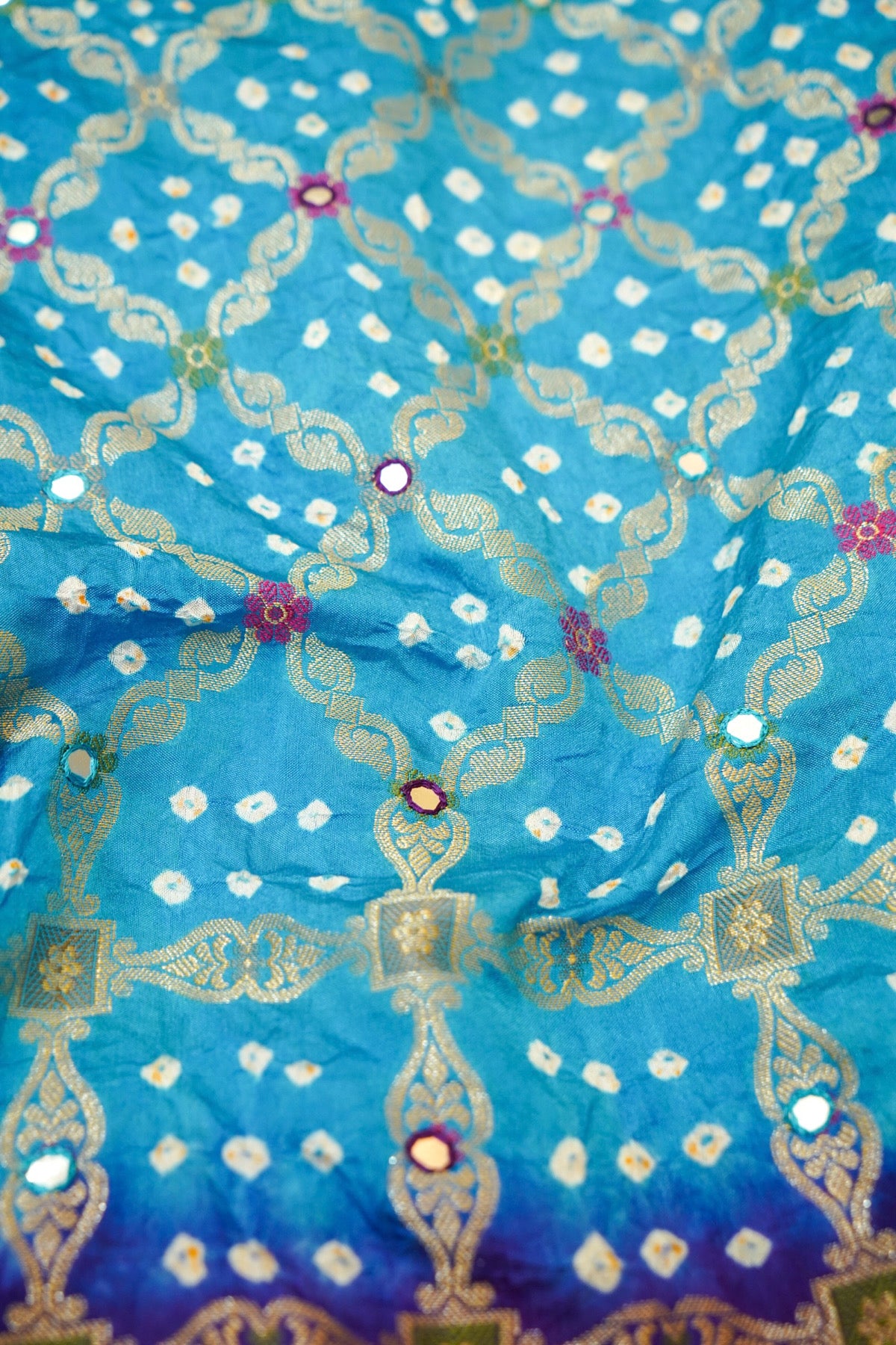 Turquoise Blue - Royal Purple Ombre Bandhani Saree with Mirror Work and Fringe Border