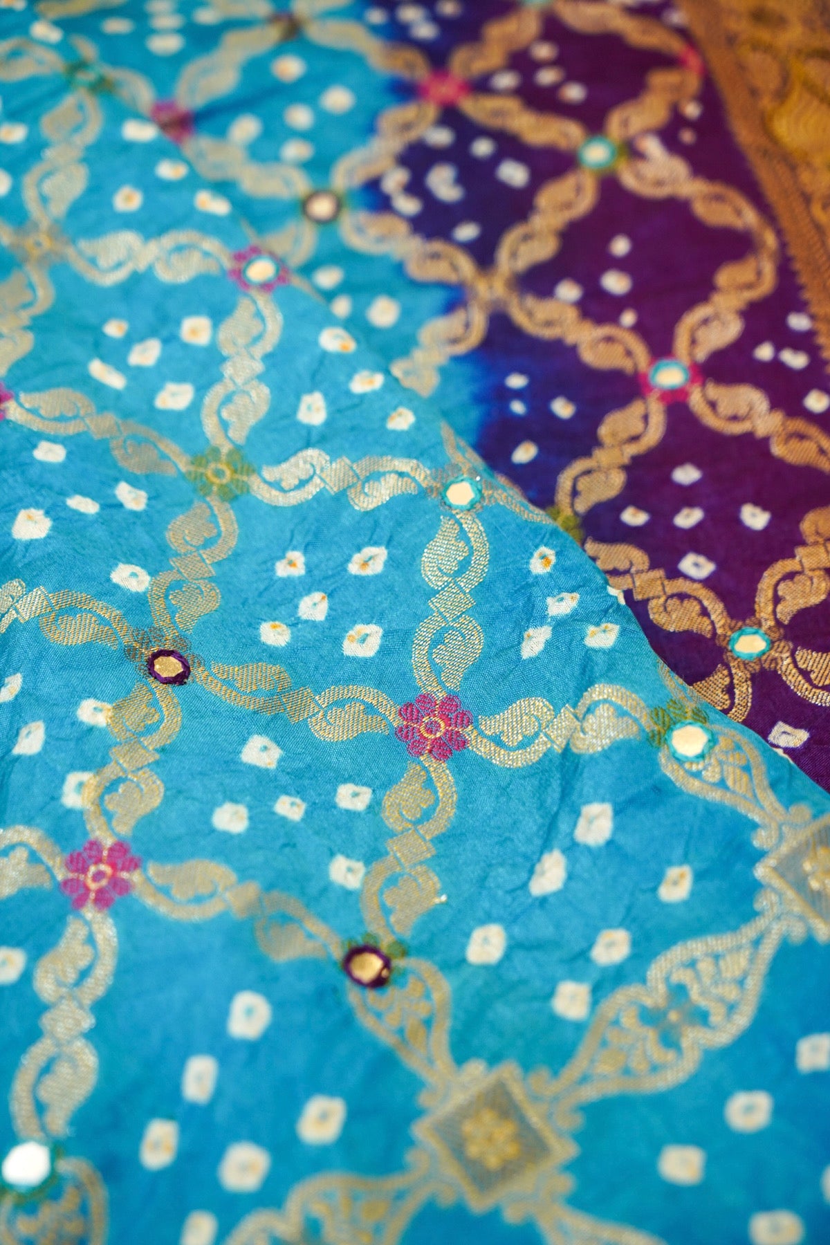 Turquoise Blue - Royal Purple Ombre Bandhani Saree with Mirror Work and Fringe Border