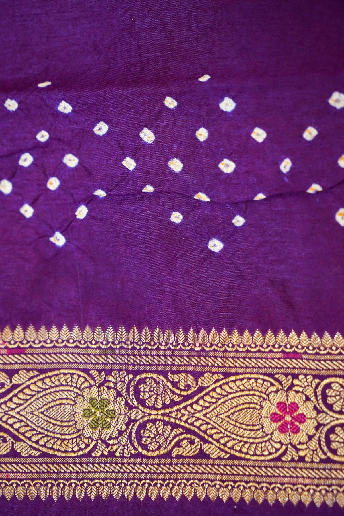 Turquoise Blue - Royal Purple Ombre Bandhani Saree with Mirror Work and Fringe Border