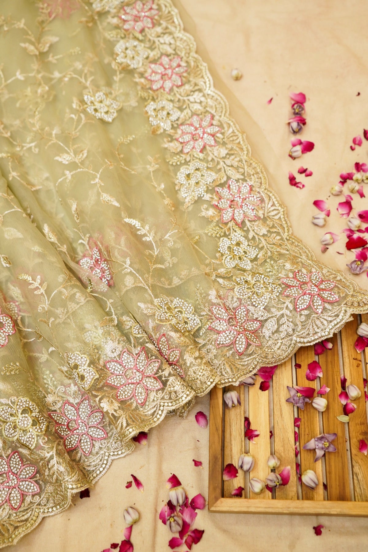 Pistachio Green Pearl Floral Embroidered Designer Net Saree