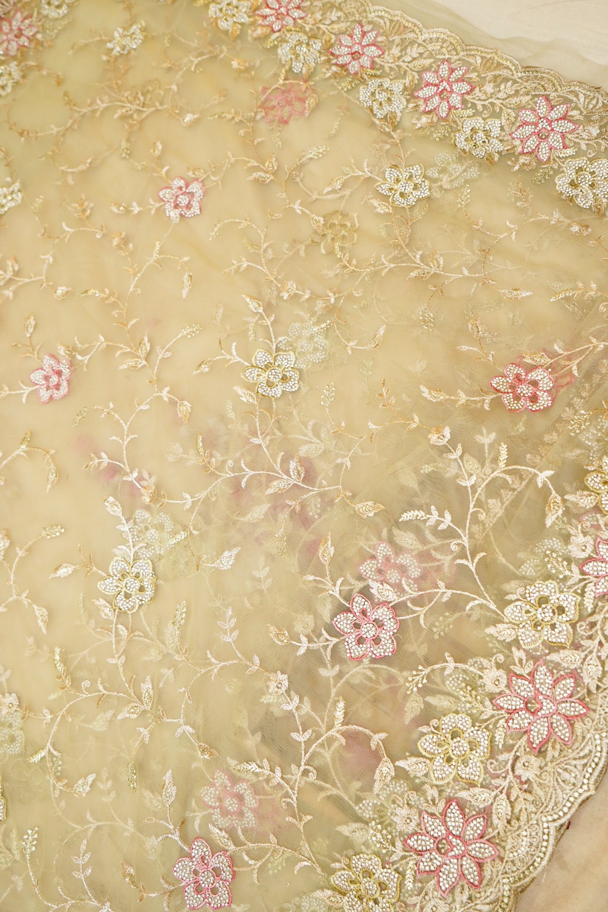 Pistachio Green Pearl Floral Embroidered Designer Net Saree