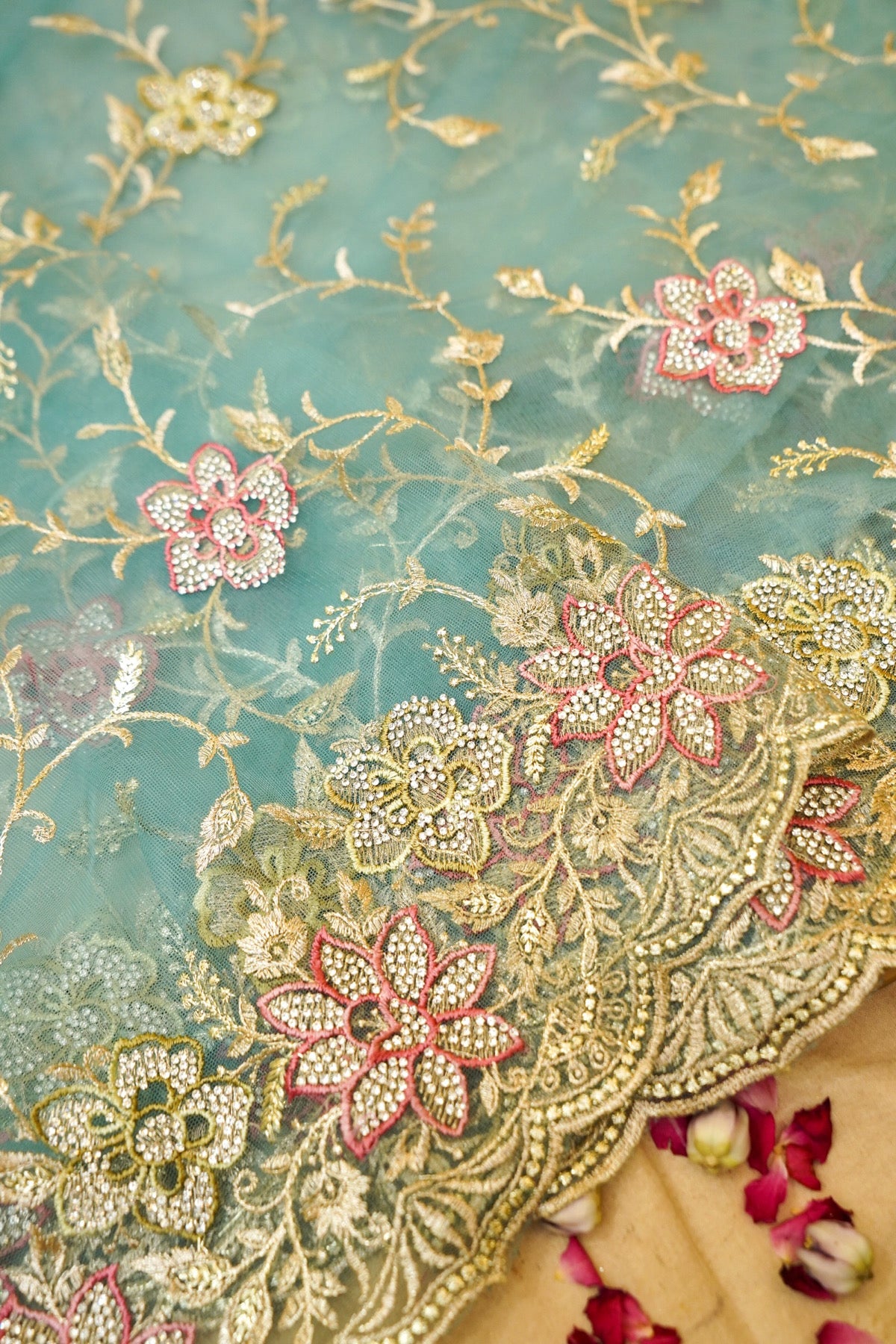 Teal Blue Pearl Floral Embroidered Designer Net Saree