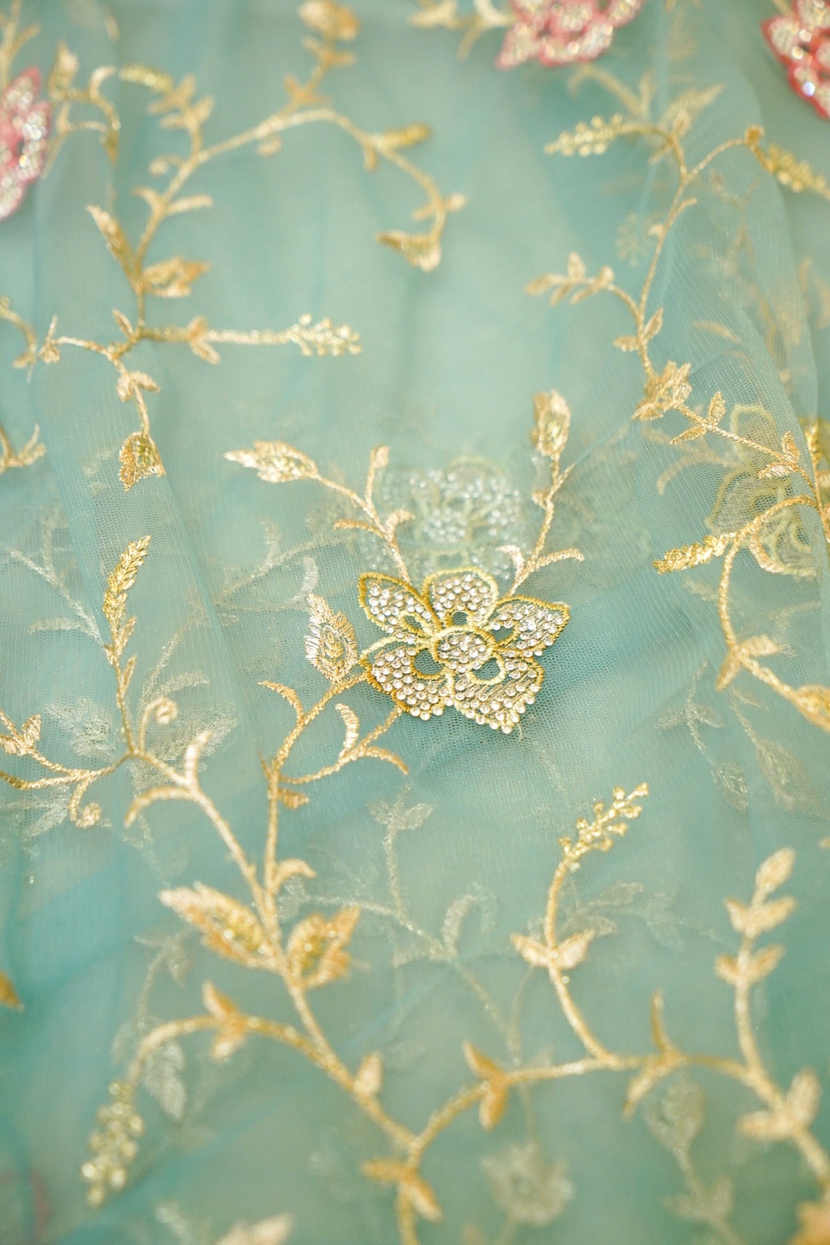Teal Blue Pearl Floral Embroidered Designer Net Saree