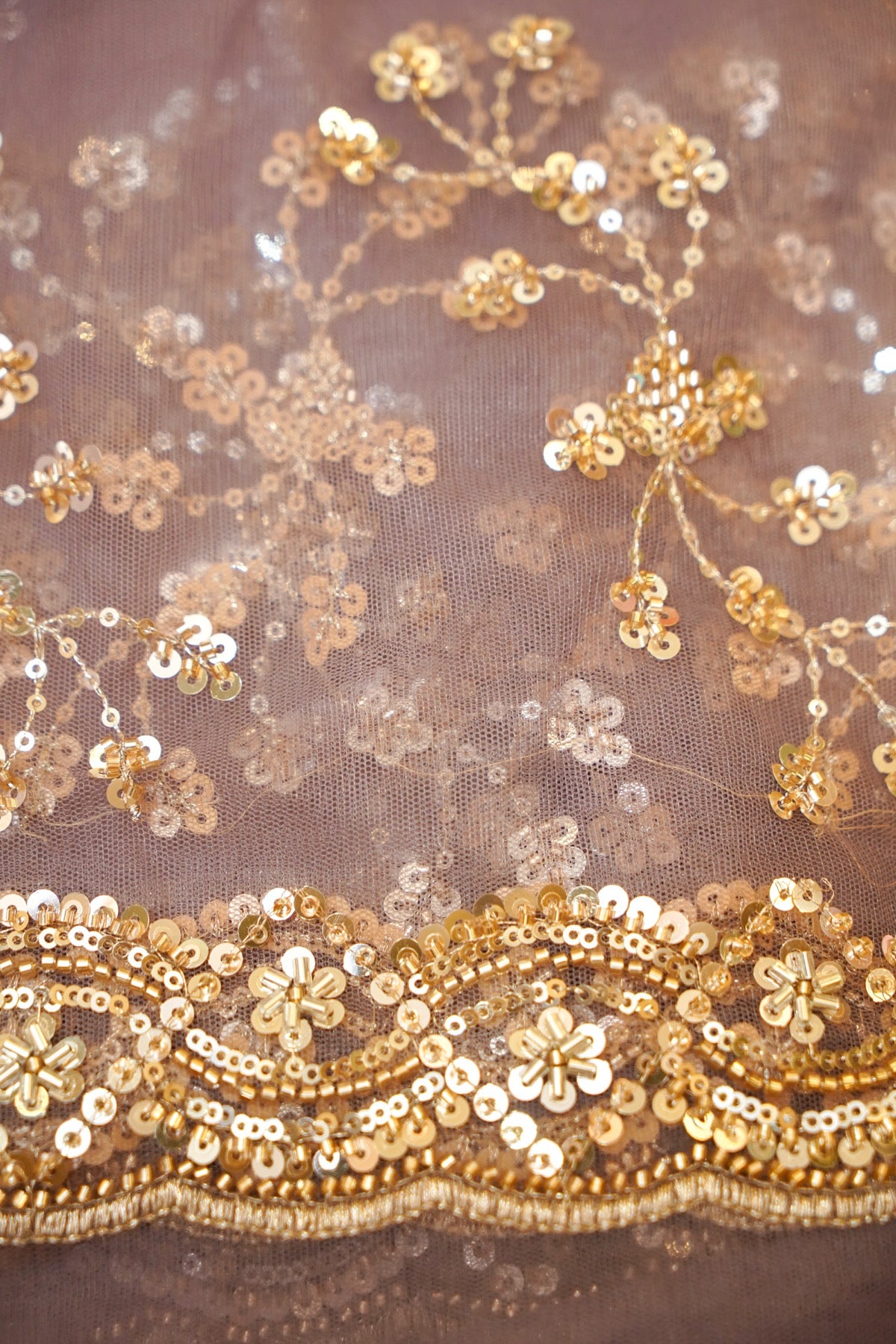 Smoky Taupe Sequined Floral Vine Designer Net Saree