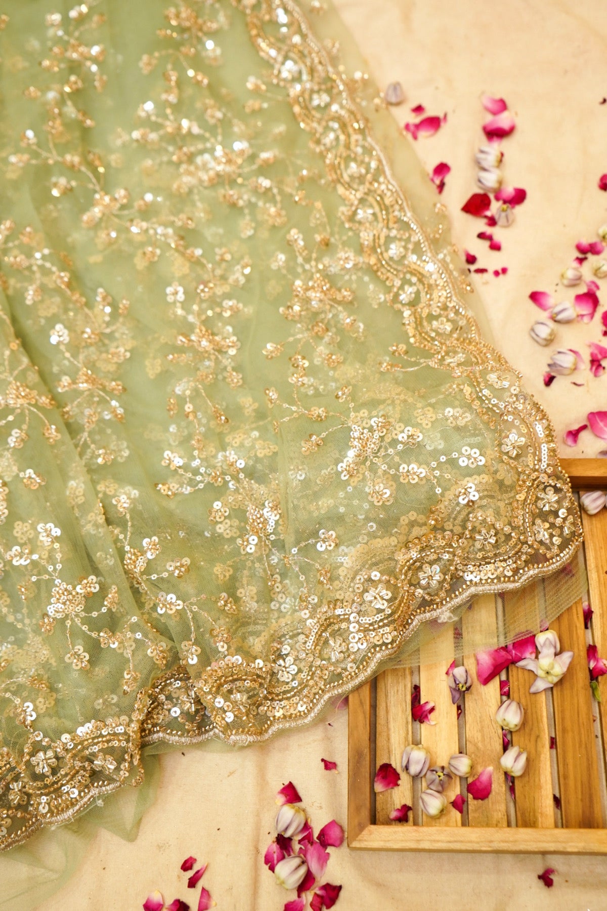 Pistachio Bloom Sequined Floral Vine Designer Net Saree