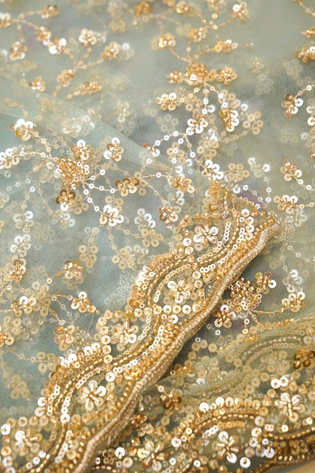 Aqua Mist Sequined Floral Vine Designer Net Saree