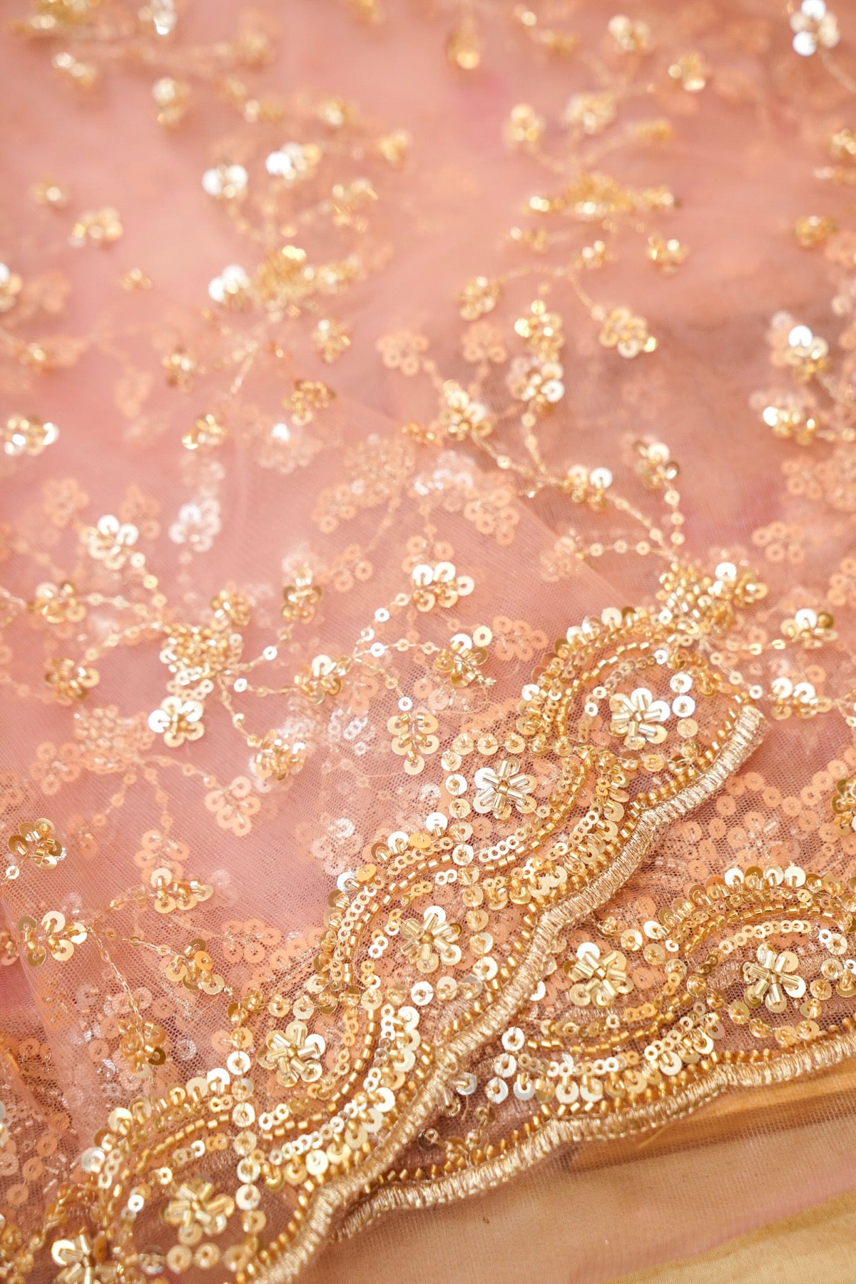 Dusty Rose Sequined Floral Vine Designer Net Saree