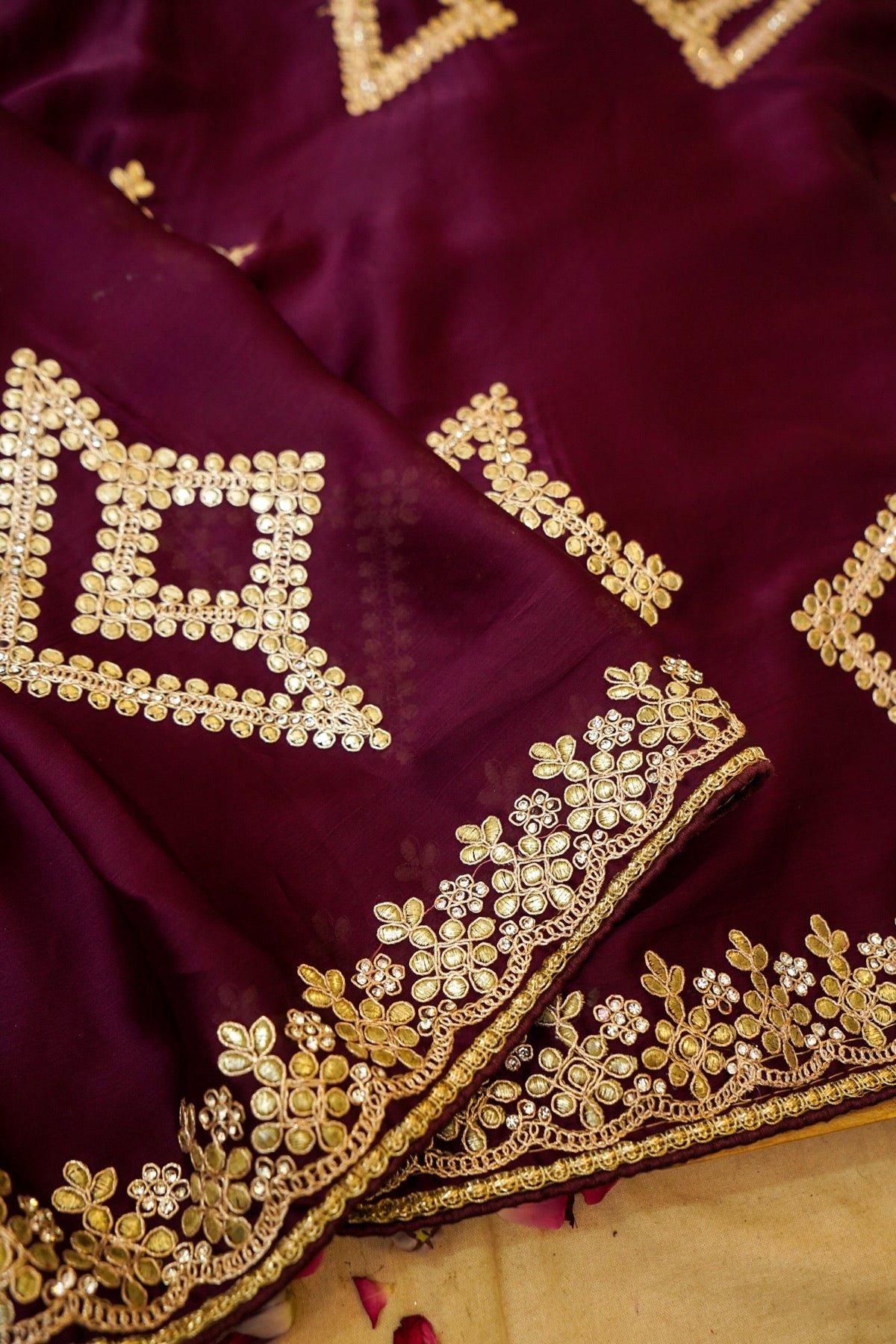 Wine Gold Floral Trellis Embroidered Designer Saree