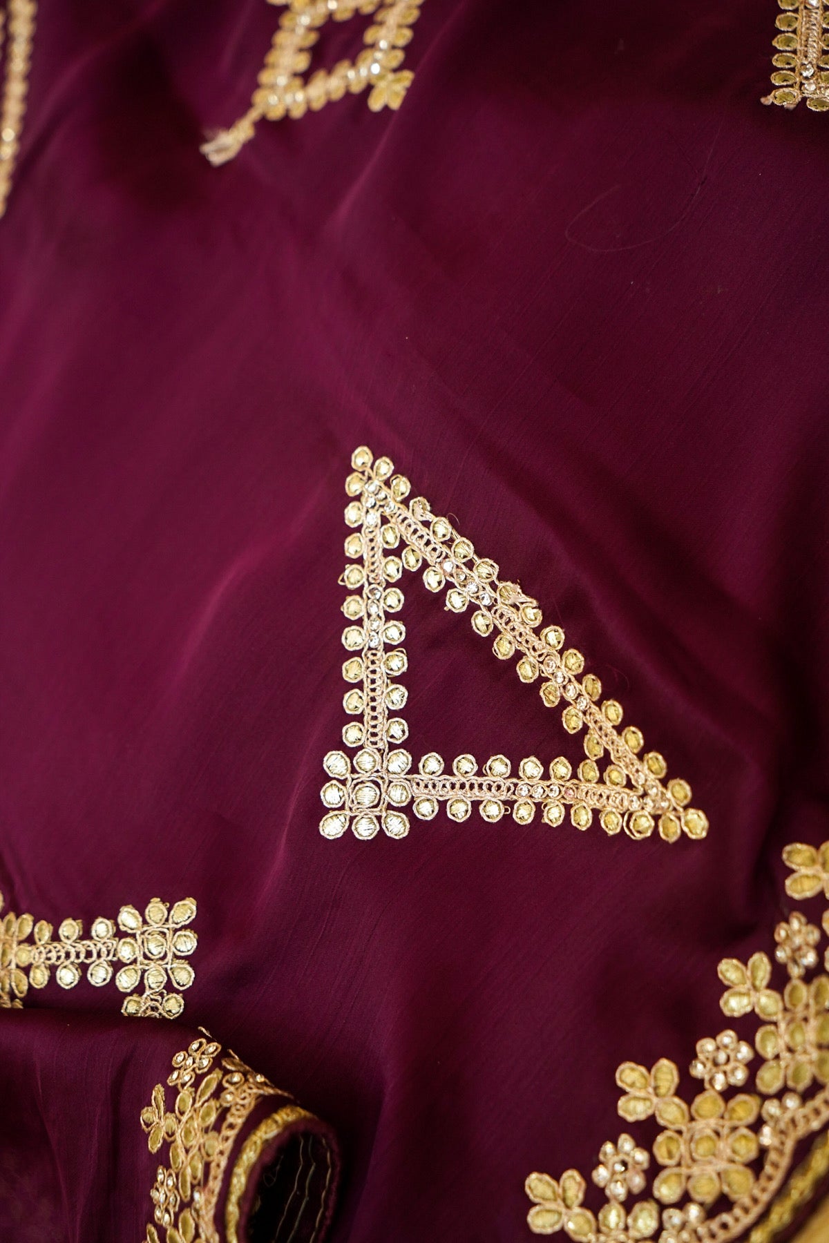 Wine Gold Floral Trellis Embroidered Designer Saree