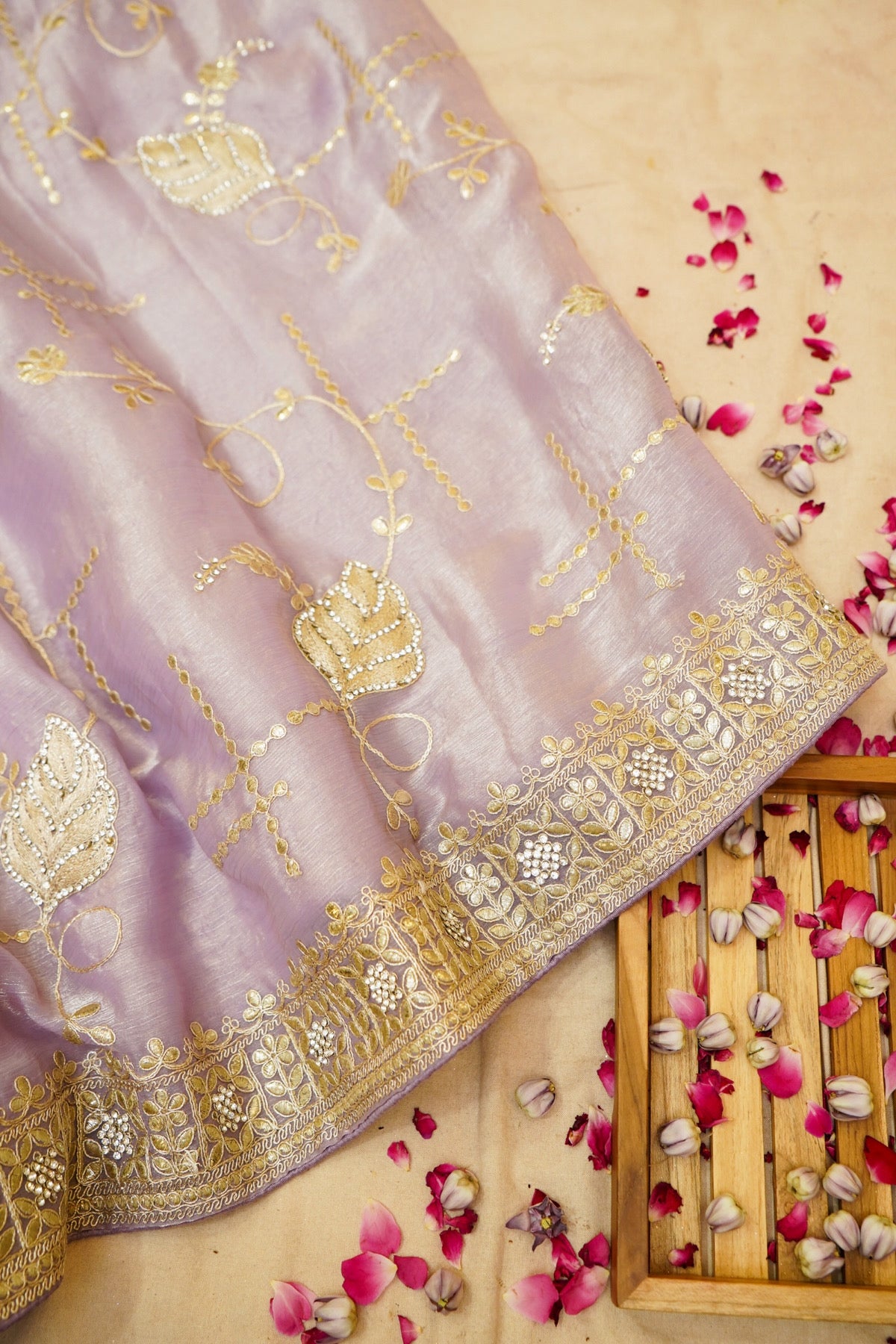 Lavender Golden Leaf Embroidered Designer Saree