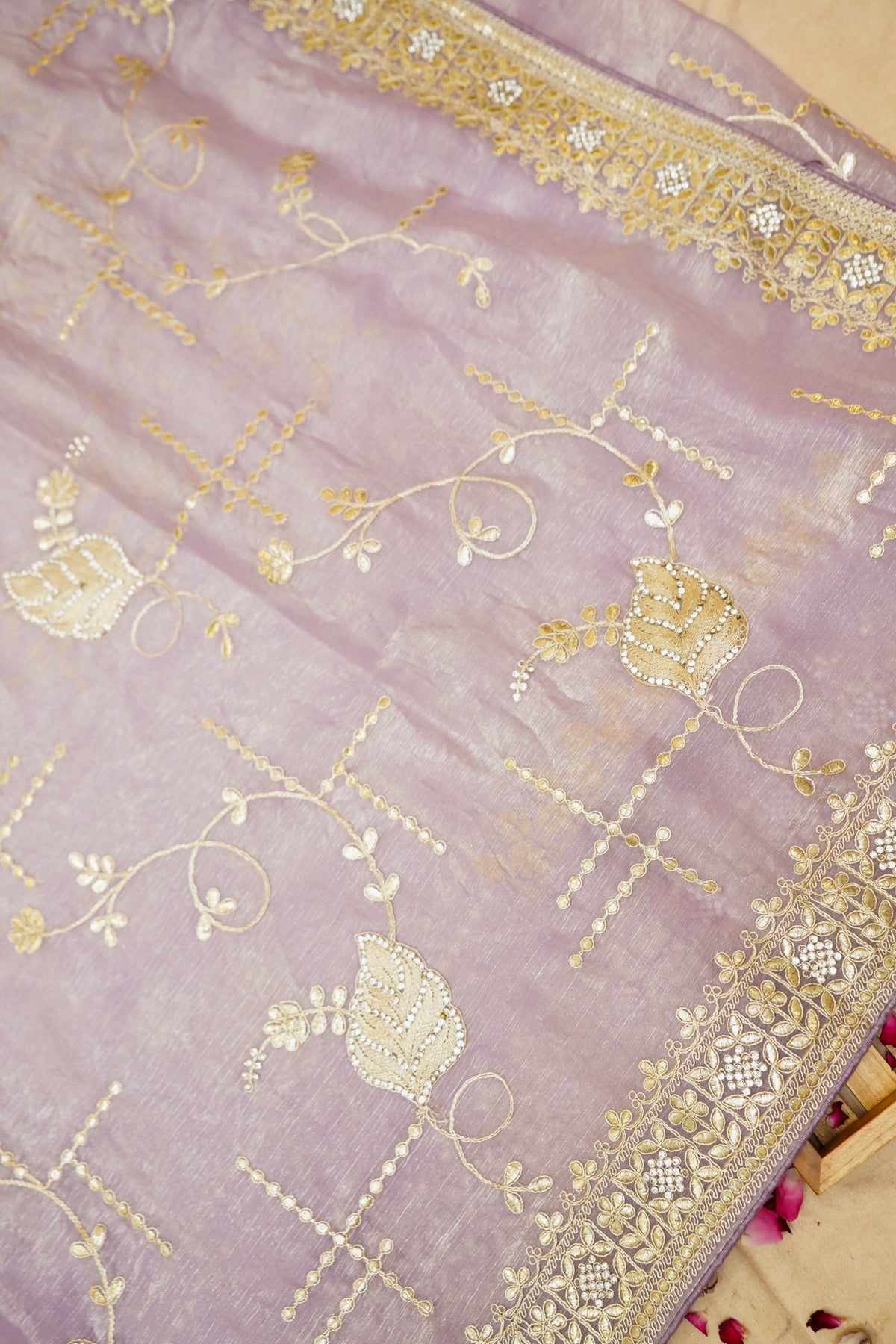 Lavender Golden Leaf Embroidered Designer Saree