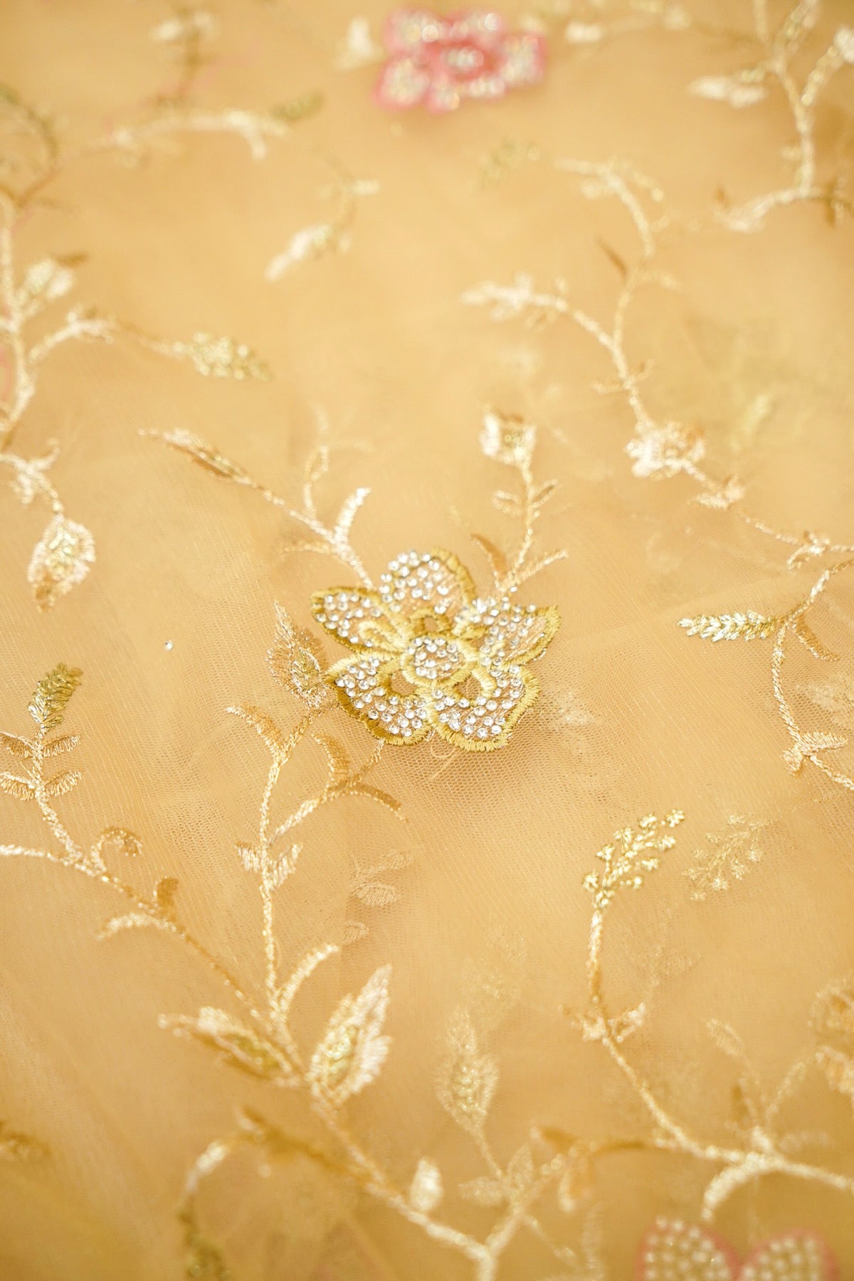 Light Champagne Gold Pearl Floral Embroidered Designer Net Saree