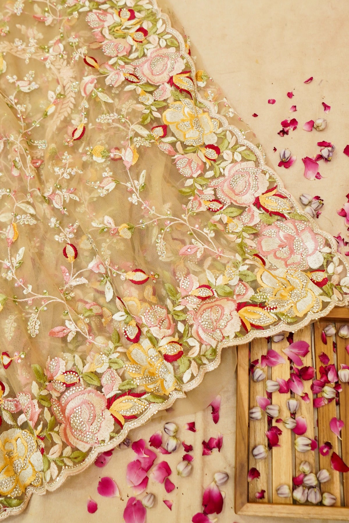 Champagne Gold Floral Garden Embroidered Net Saree