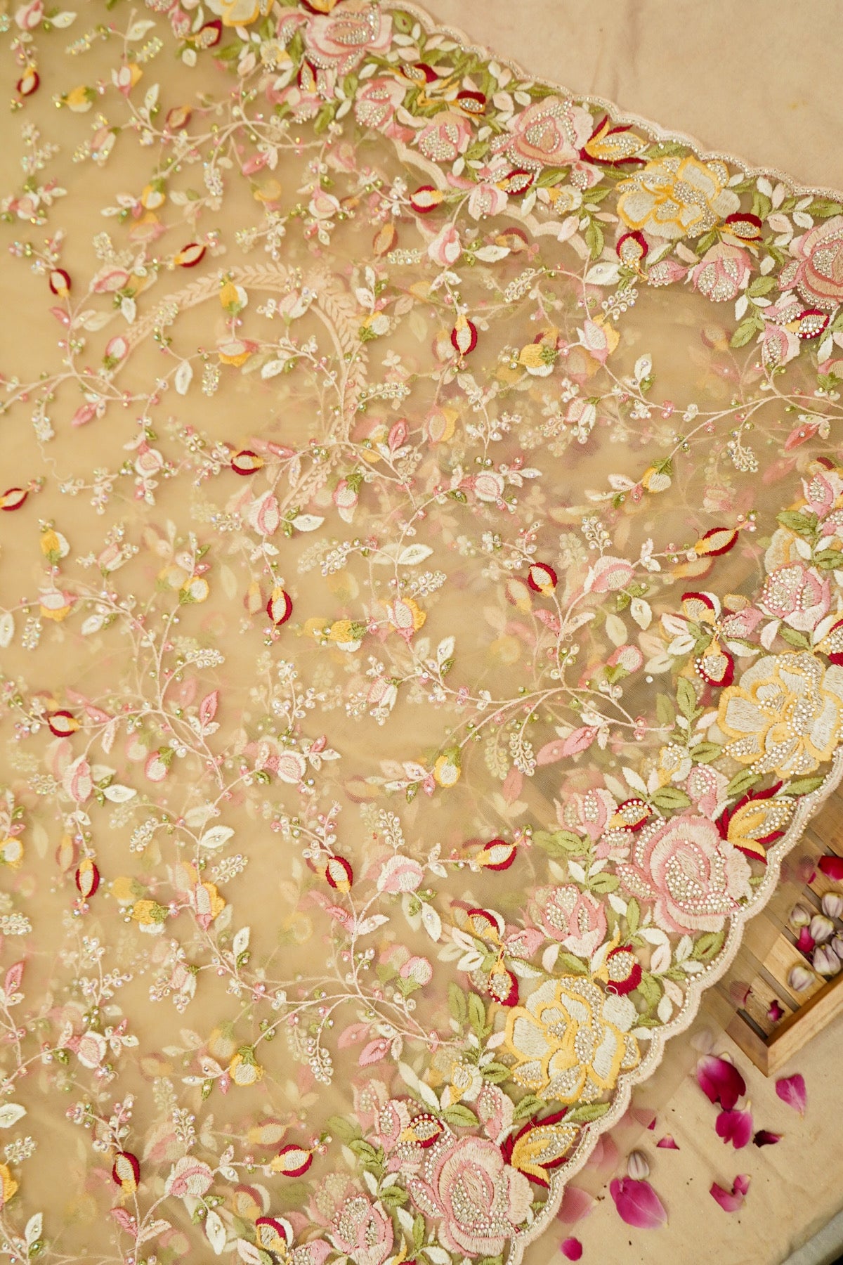 Champagne Gold Floral Garden Embroidered Net Saree
