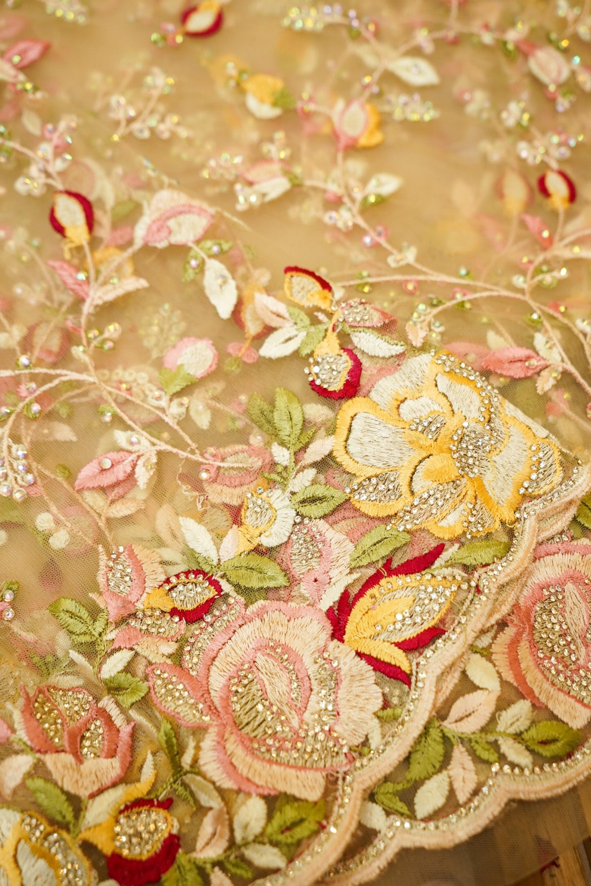 Champagne Gold Floral Garden Embroidered Net Saree