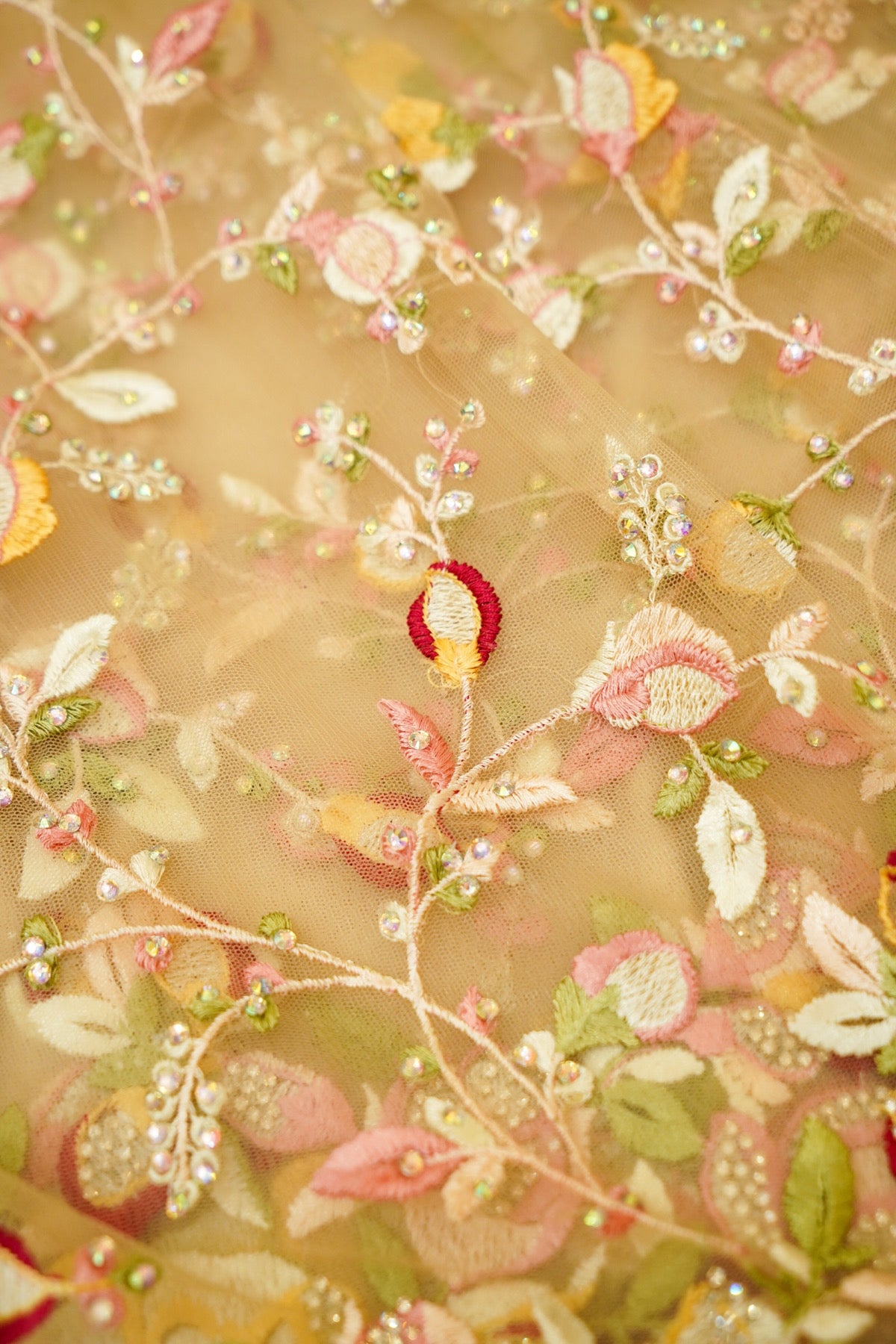 Champagne Gold Floral Garden Embroidered Net Saree