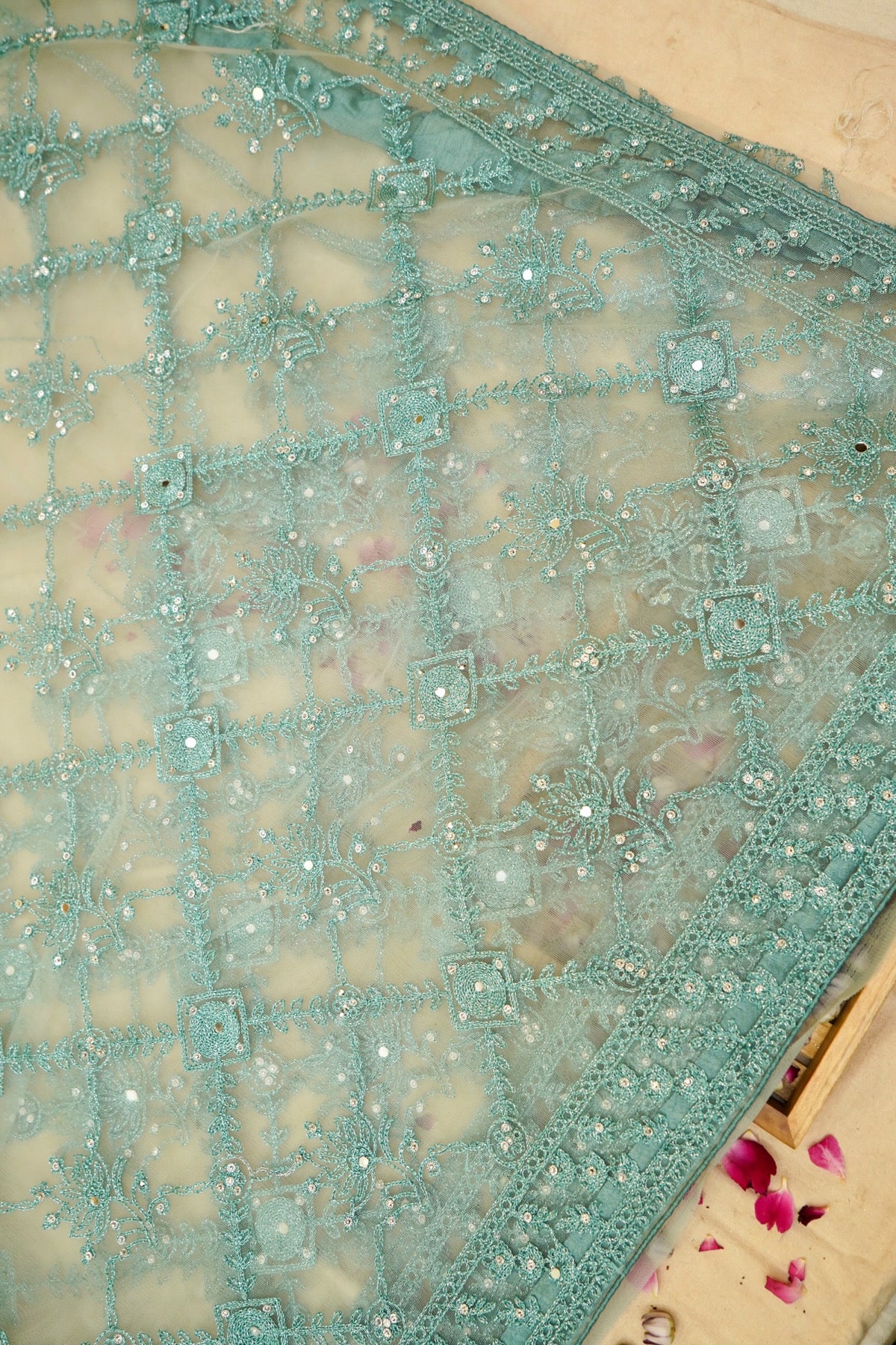 Aqua Mint Geometric Floral Embroidered Designer Net Saree with Readymade Blouse