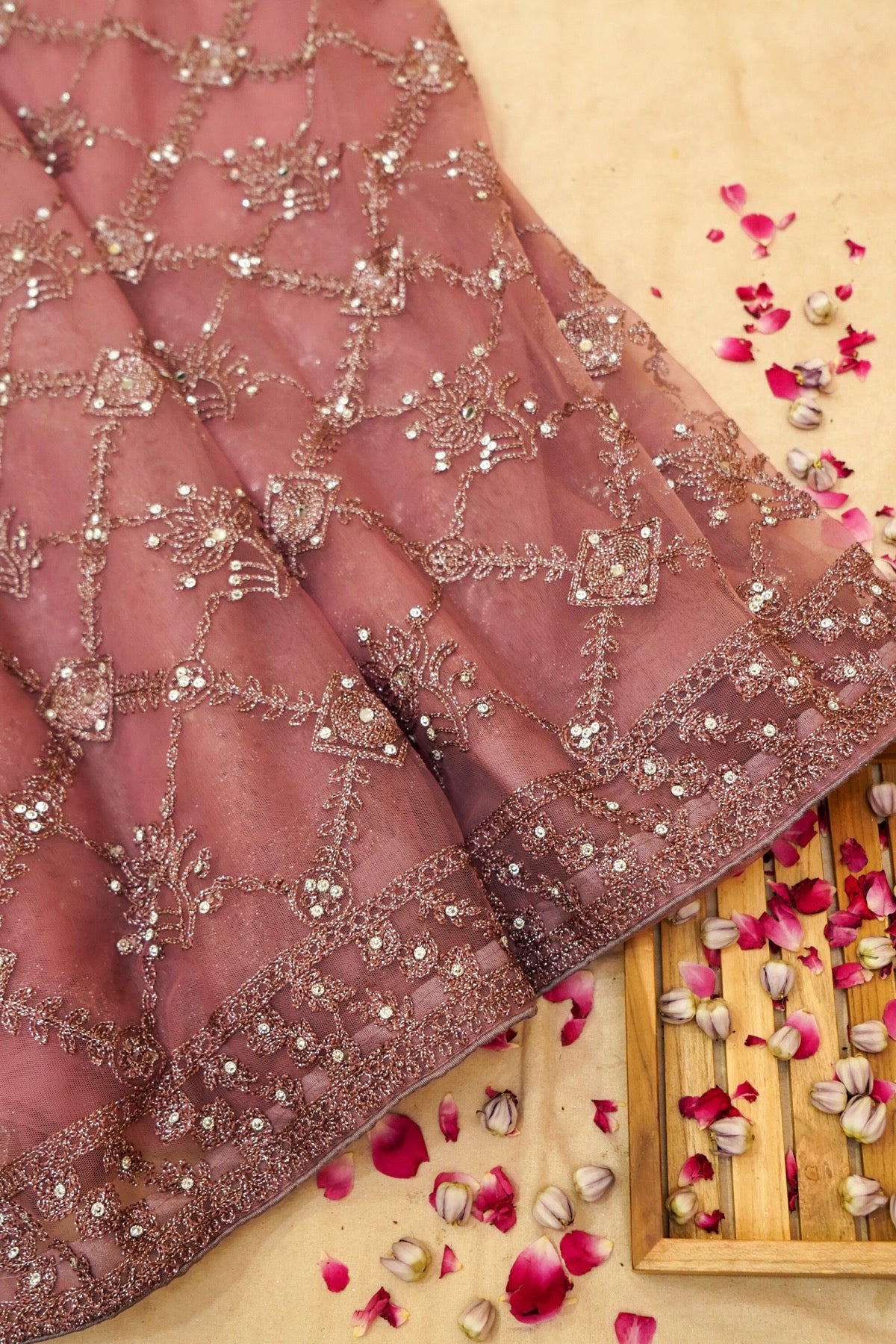 Vintage Mauve Geometric Floral Embroidered Designer Net Saree with Readymade Blouse