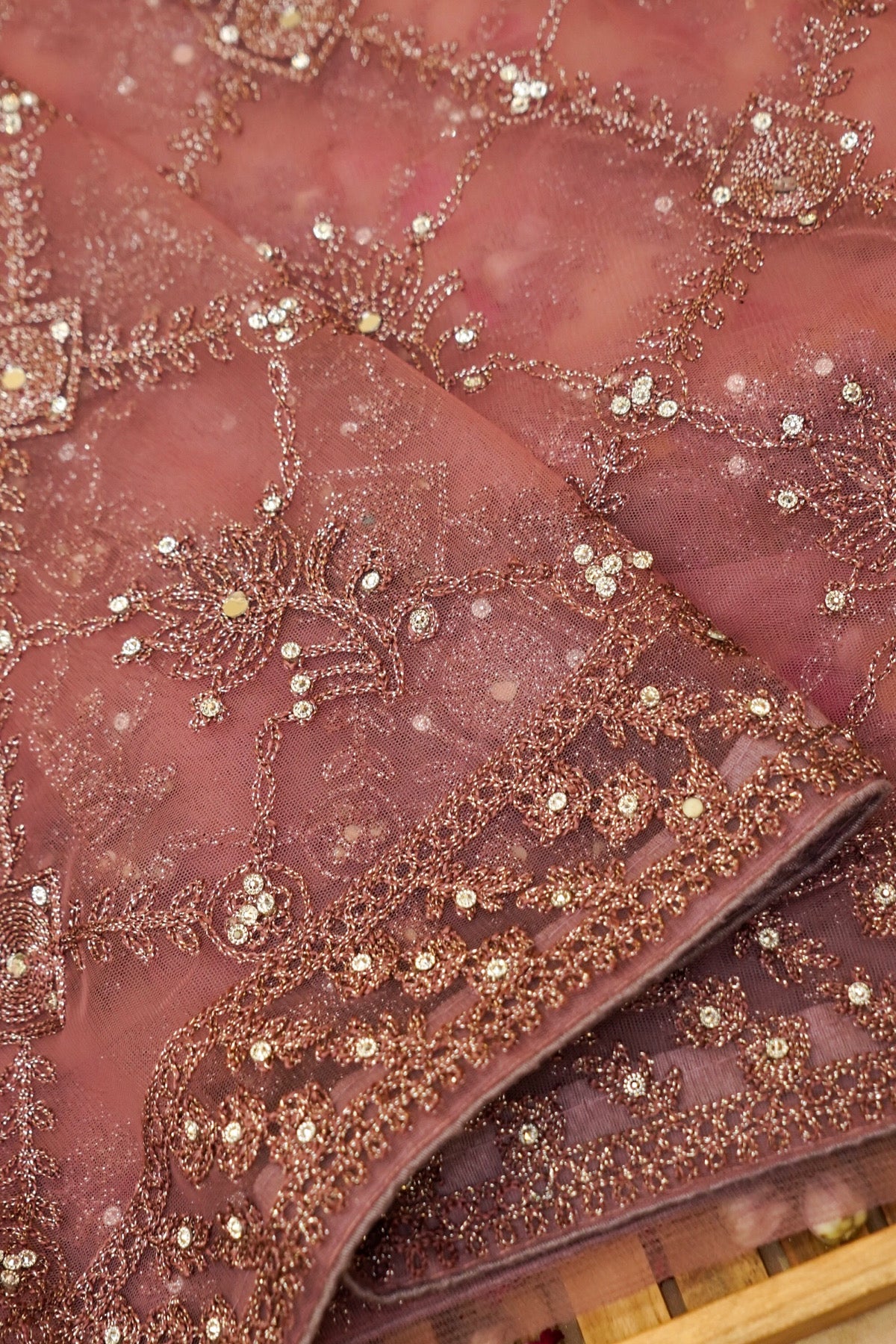 Vintage Mauve Geometric Floral Embroidered Designer Net Saree with Readymade Blouse