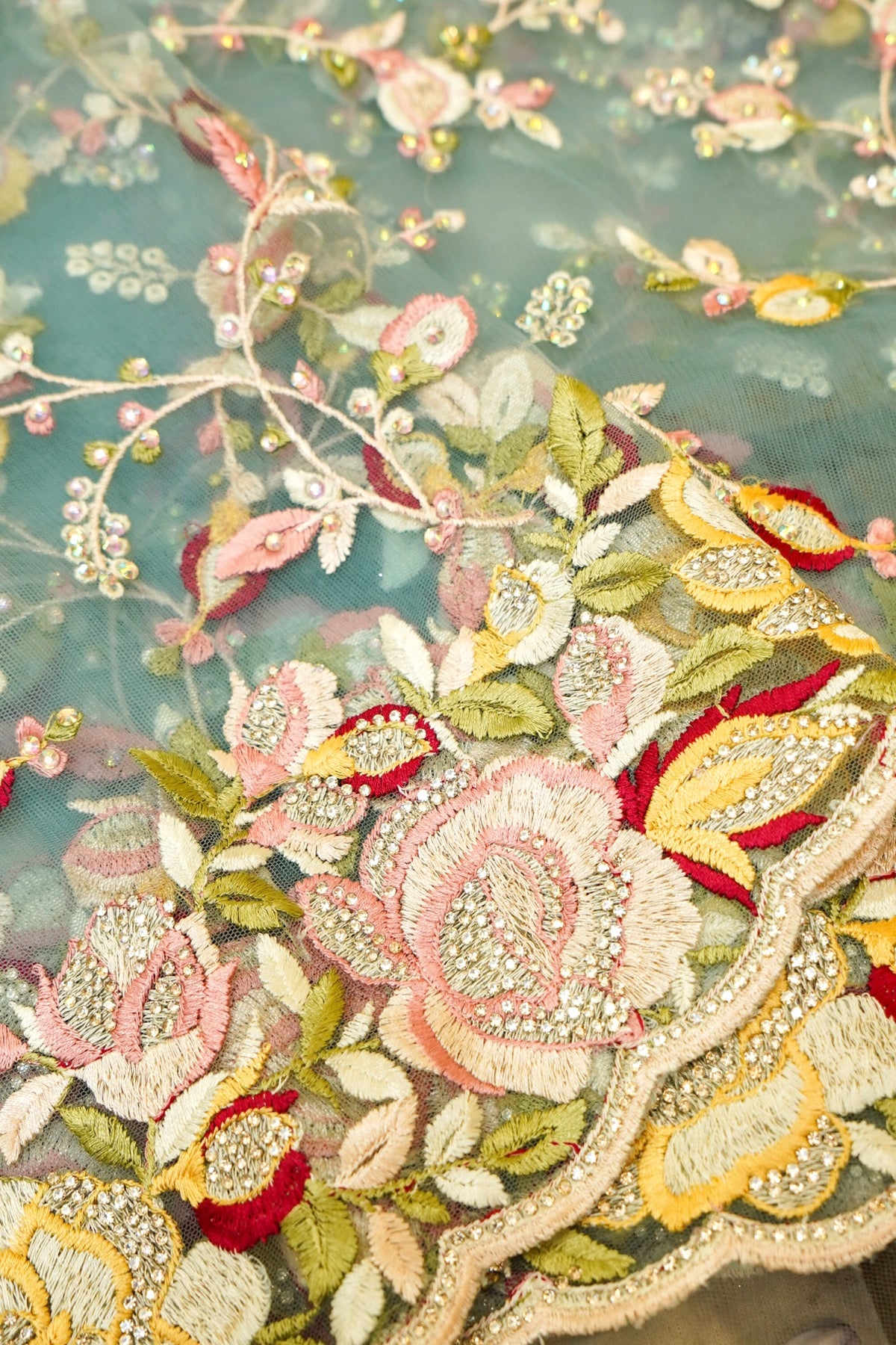 Dusty Aqua Blue Floral Garden Embroidered Net Saree