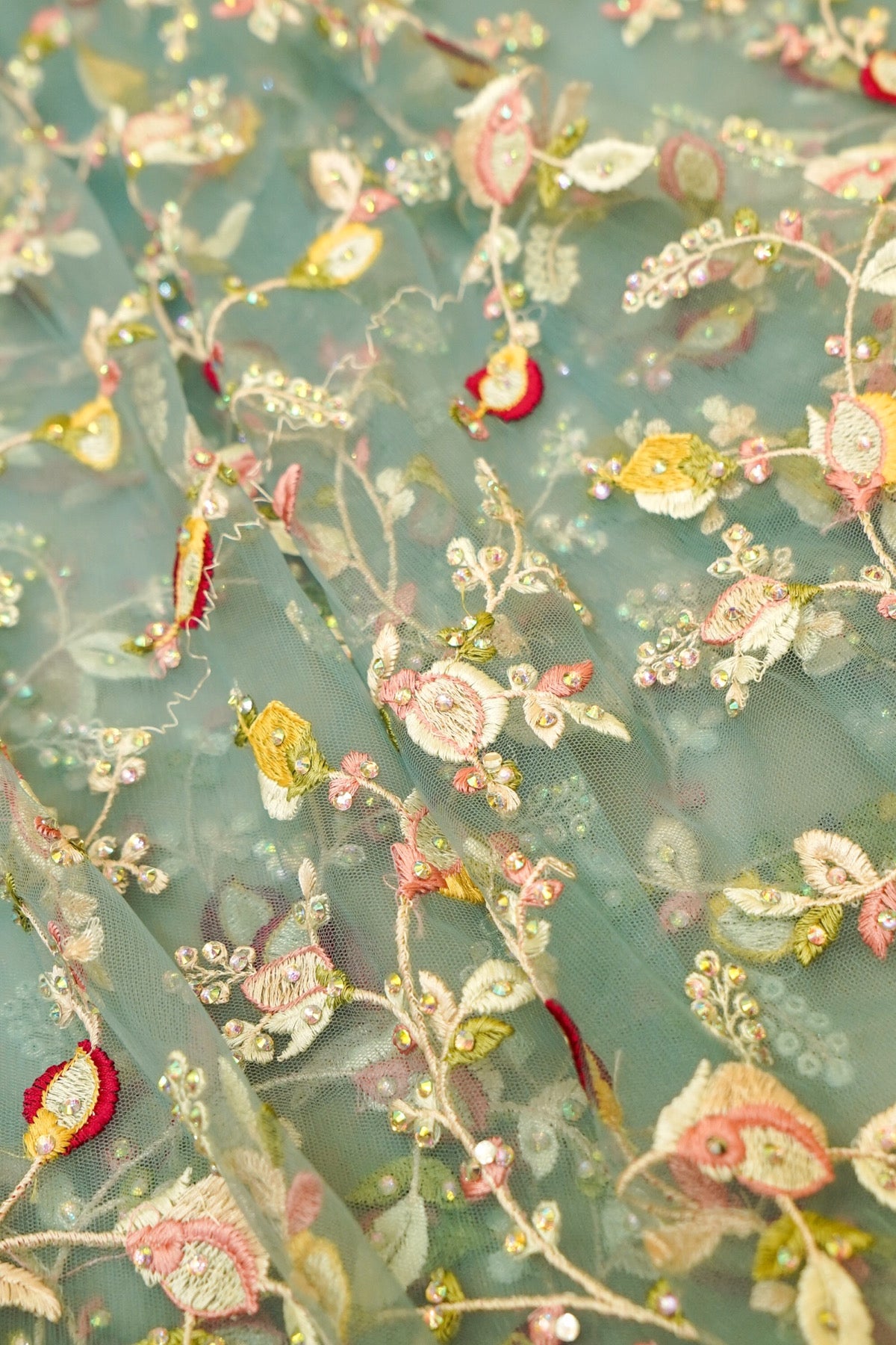 Dusty Aqua Blue Floral Garden Embroidered Net Saree