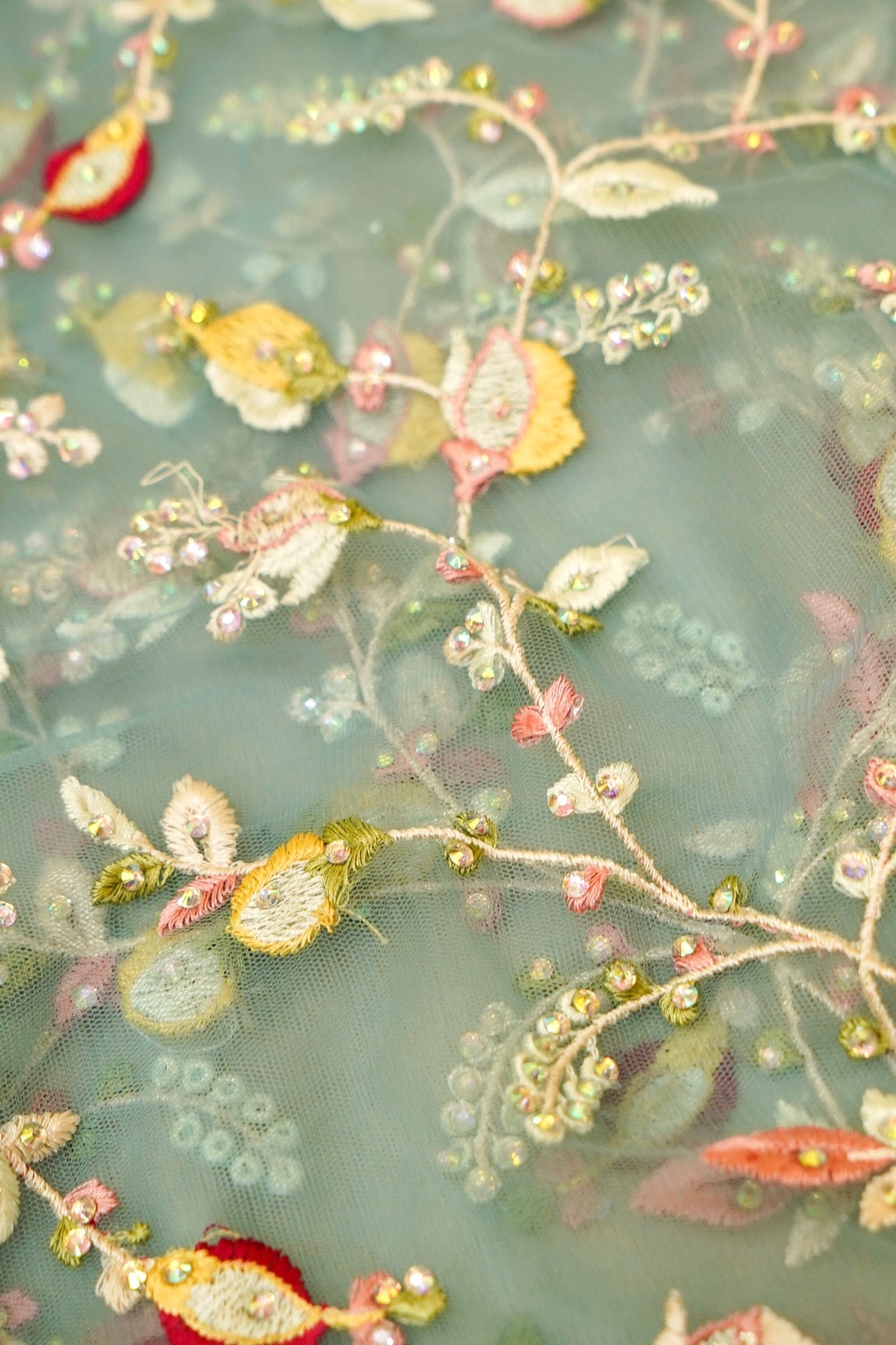 Dusty Aqua Blue Floral Garden Embroidered Net Saree