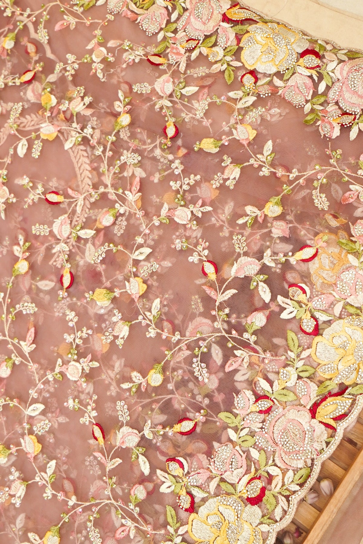 Rose Taupe Floral Garden Embroidered Net Saree