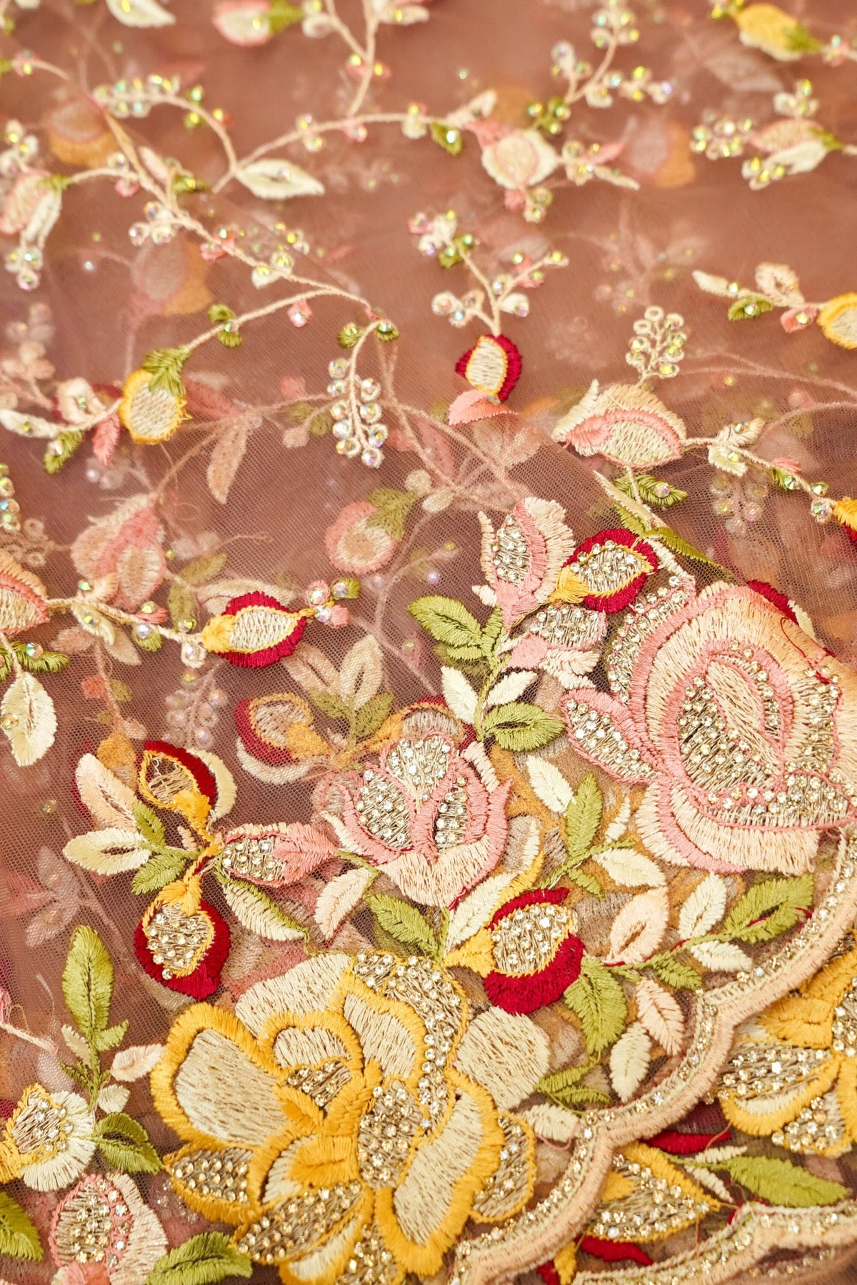 Rose Taupe Floral Garden Embroidered Net Saree