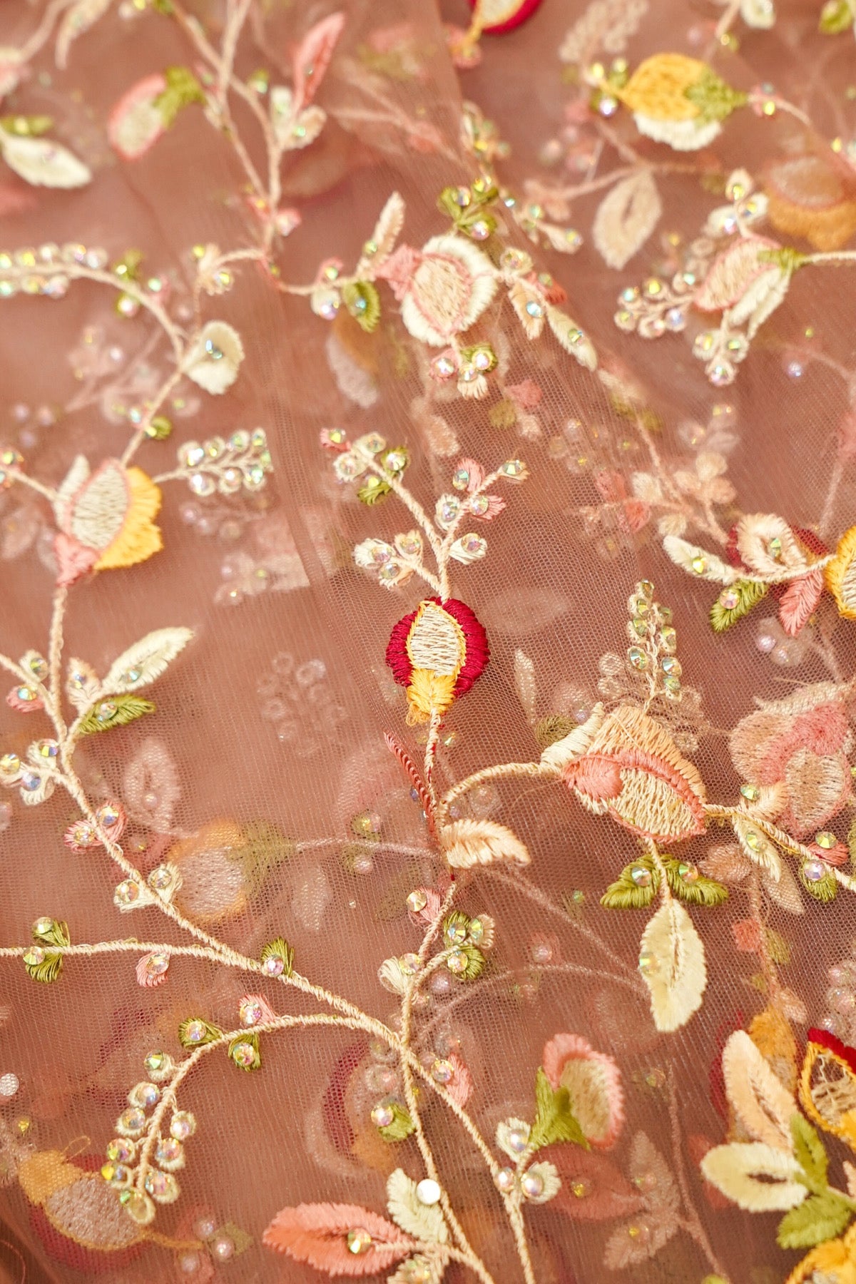 Rose Taupe Floral Garden Embroidered Net Saree