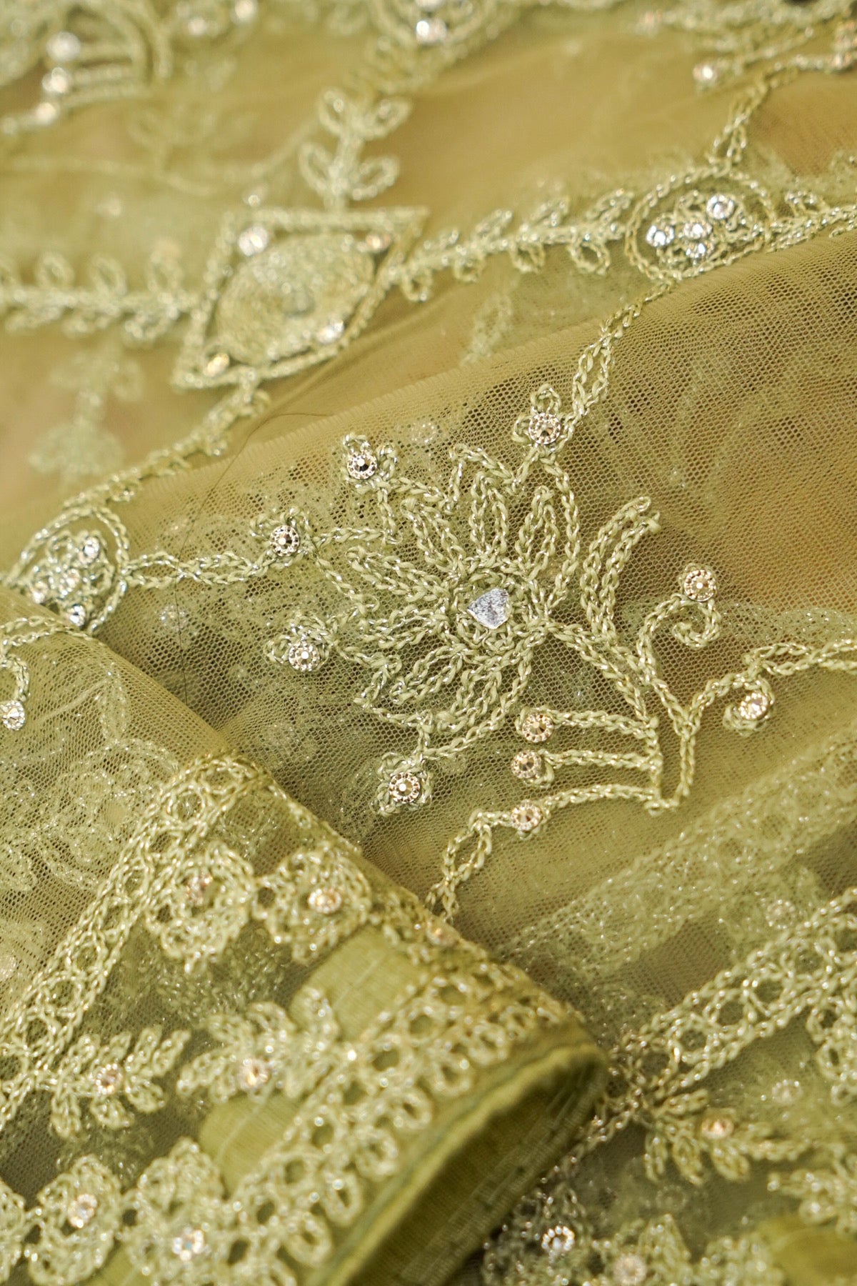 Sage Green Geometric Floral Embroidered Designer Net Saree with Readymade Blouse
