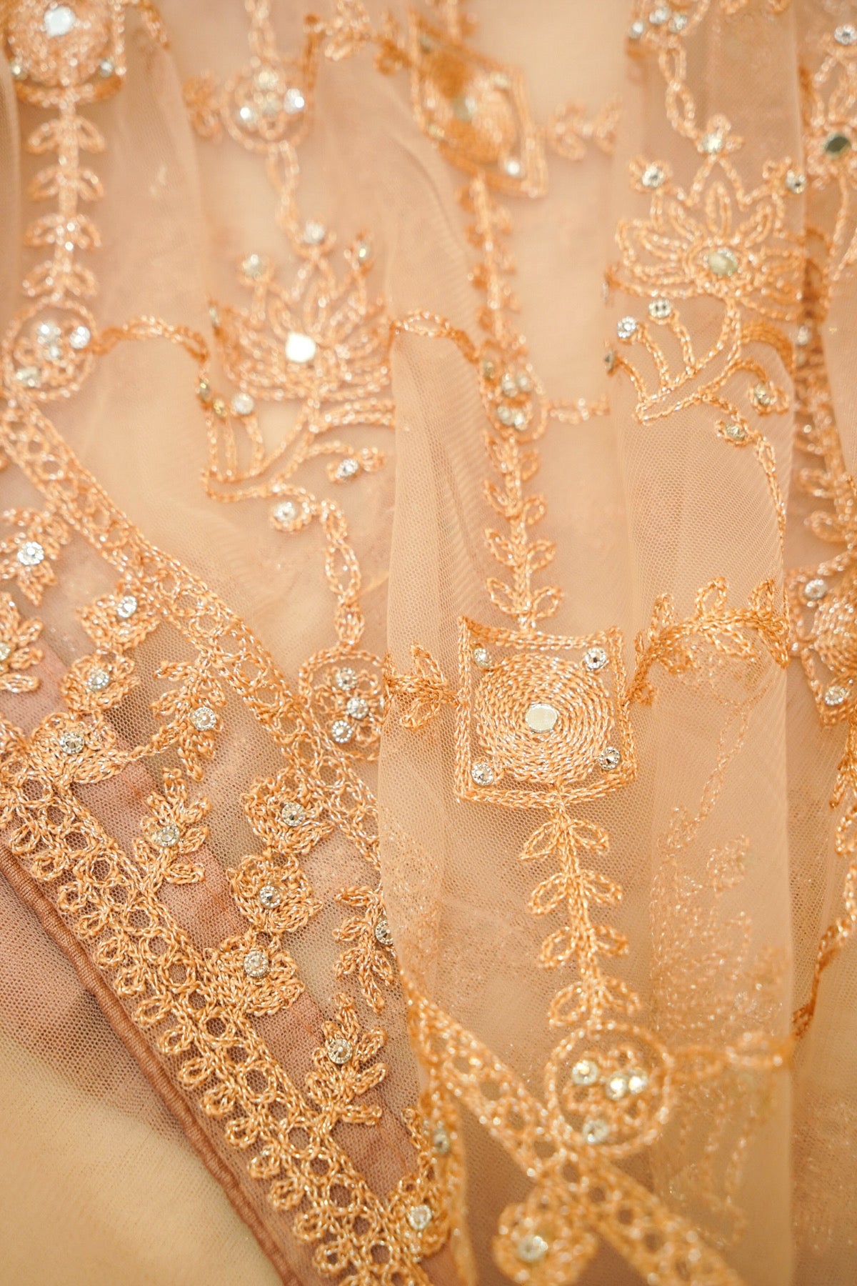 Champagne Peach Geometric Floral Embroidered Designer Net Saree with Readymade Blouse