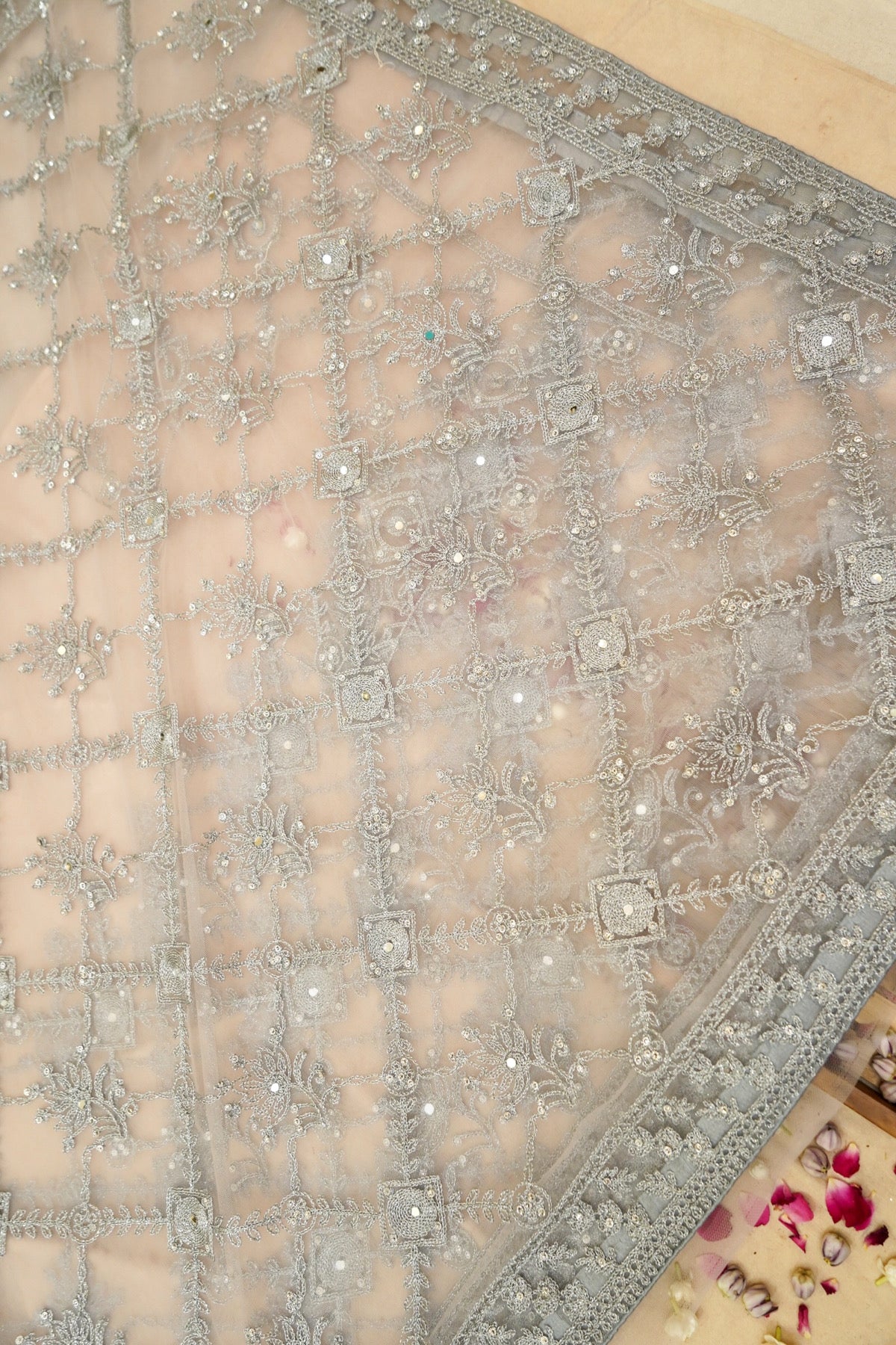 Silver Grey Geometric Floral Embroidered Designer Net Saree with Readymade Blouse