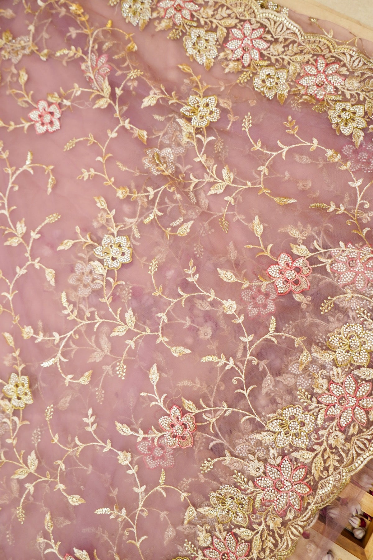 Rose Mauve Pearl Floral Embroidered Designer Net Saree