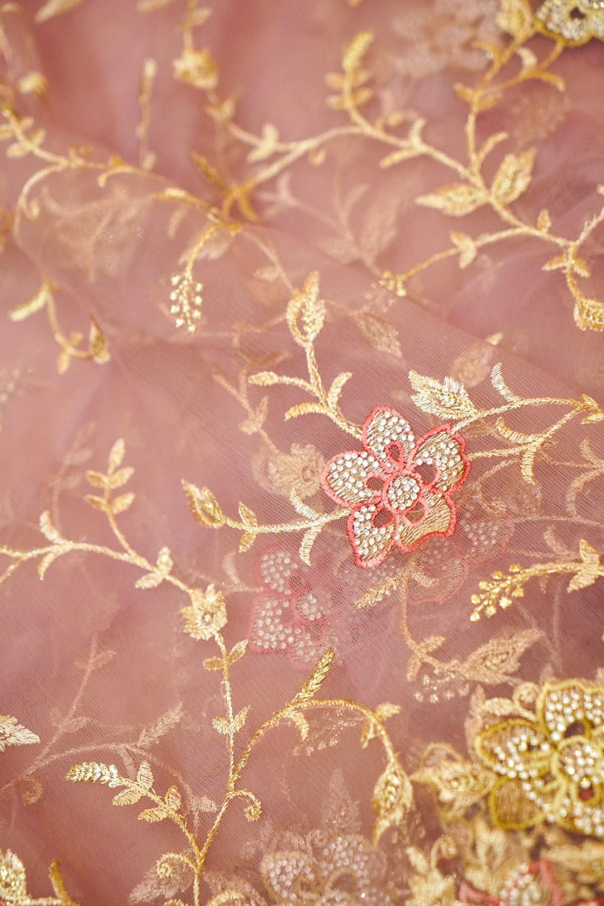 Rose Mauve Pearl Floral Embroidered Designer Net Saree