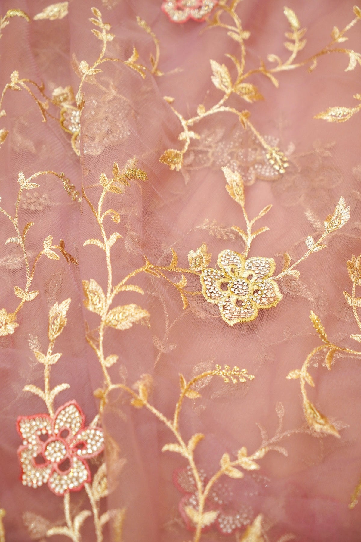 Rose Mauve Pearl Floral Embroidered Designer Net Saree