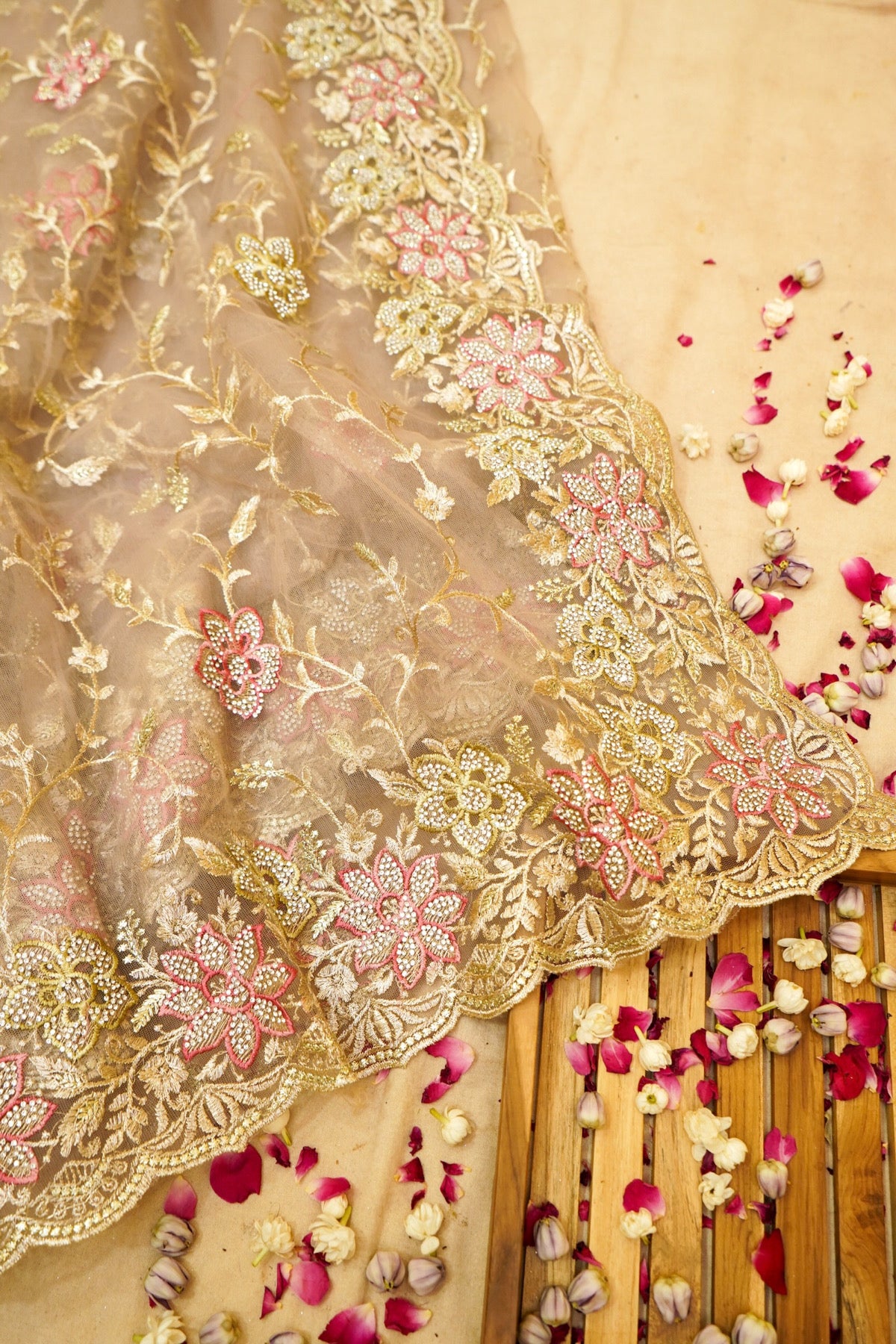 Champagne Gold Pearl Floral Embroidered Designer Net Saree