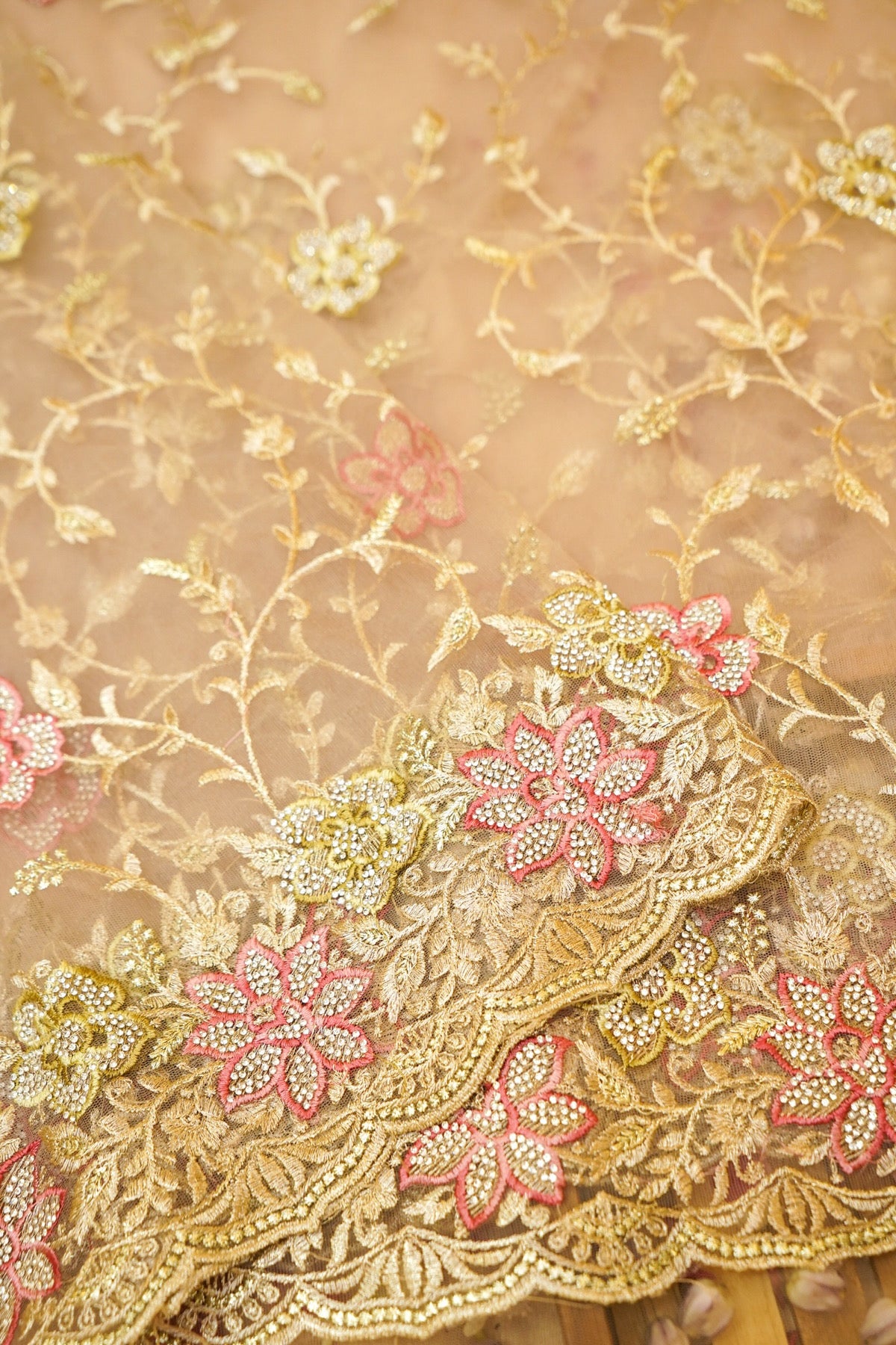 Champagne Gold Pearl Floral Embroidered Designer Net Saree
