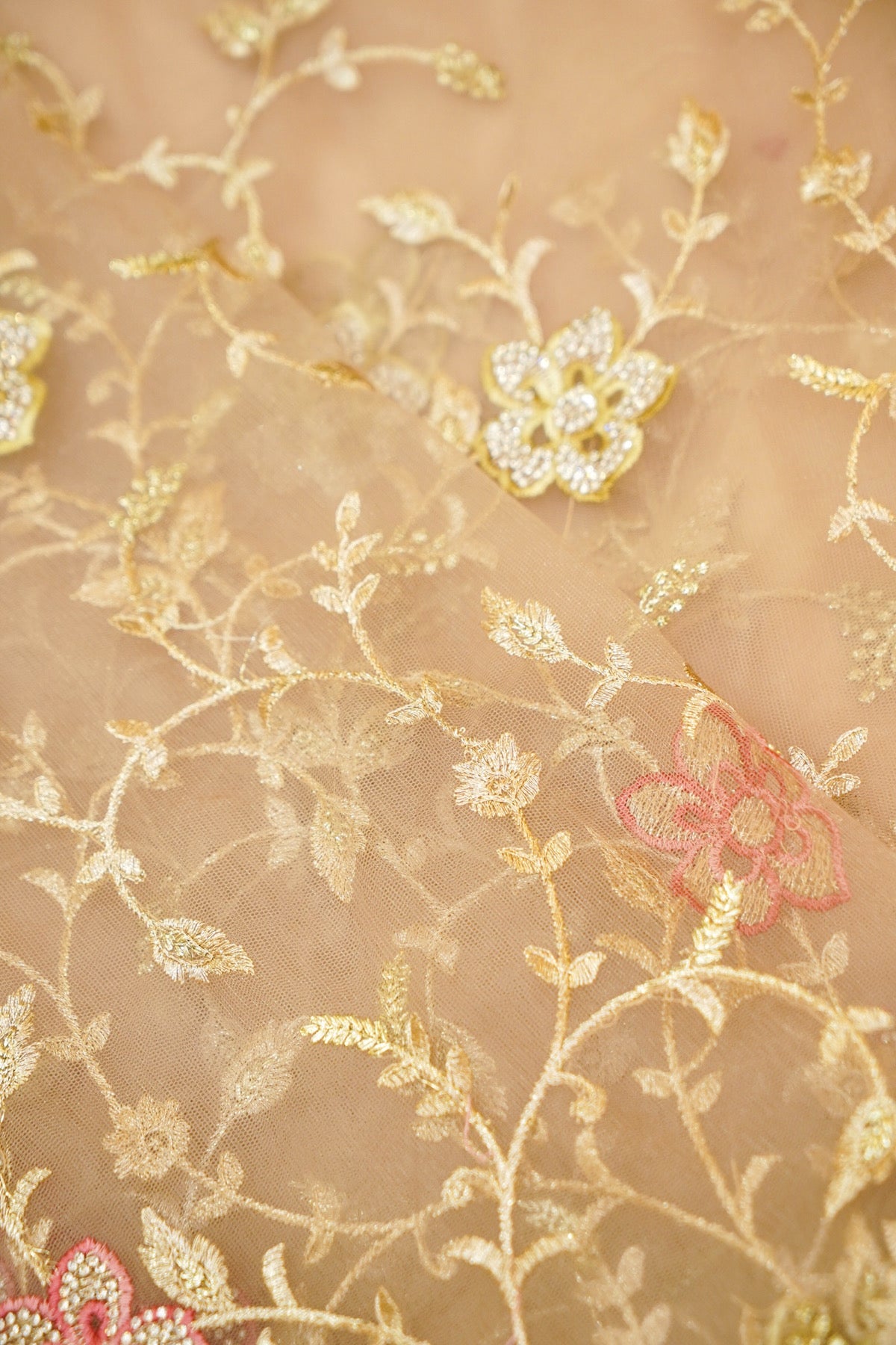 Champagne Gold Pearl Floral Embroidered Designer Net Saree