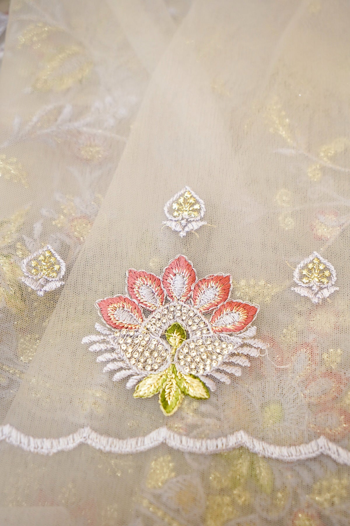 Silver Grey Wildflower Garden Embroidered Net Saree