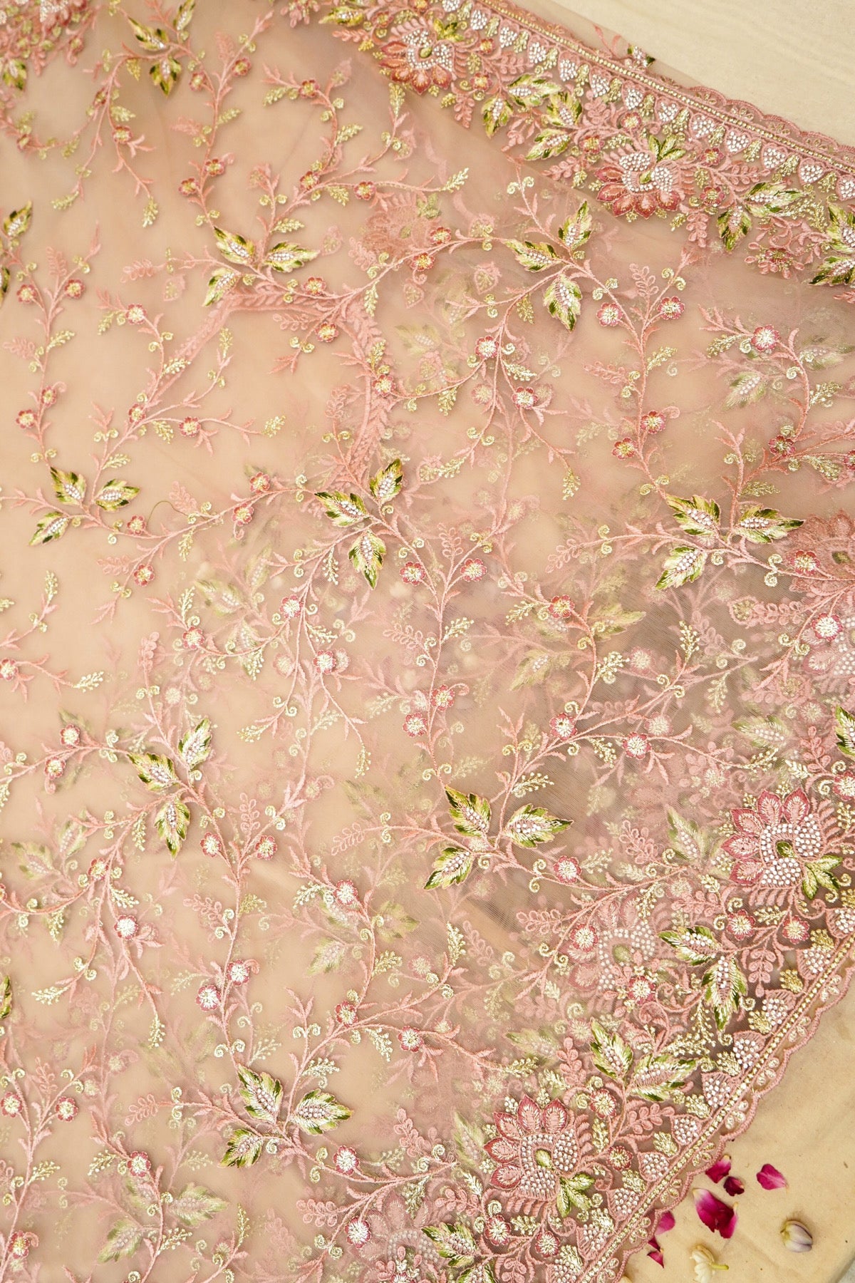 Dusty Rose Wildflower Garden Embroidered Net Saree