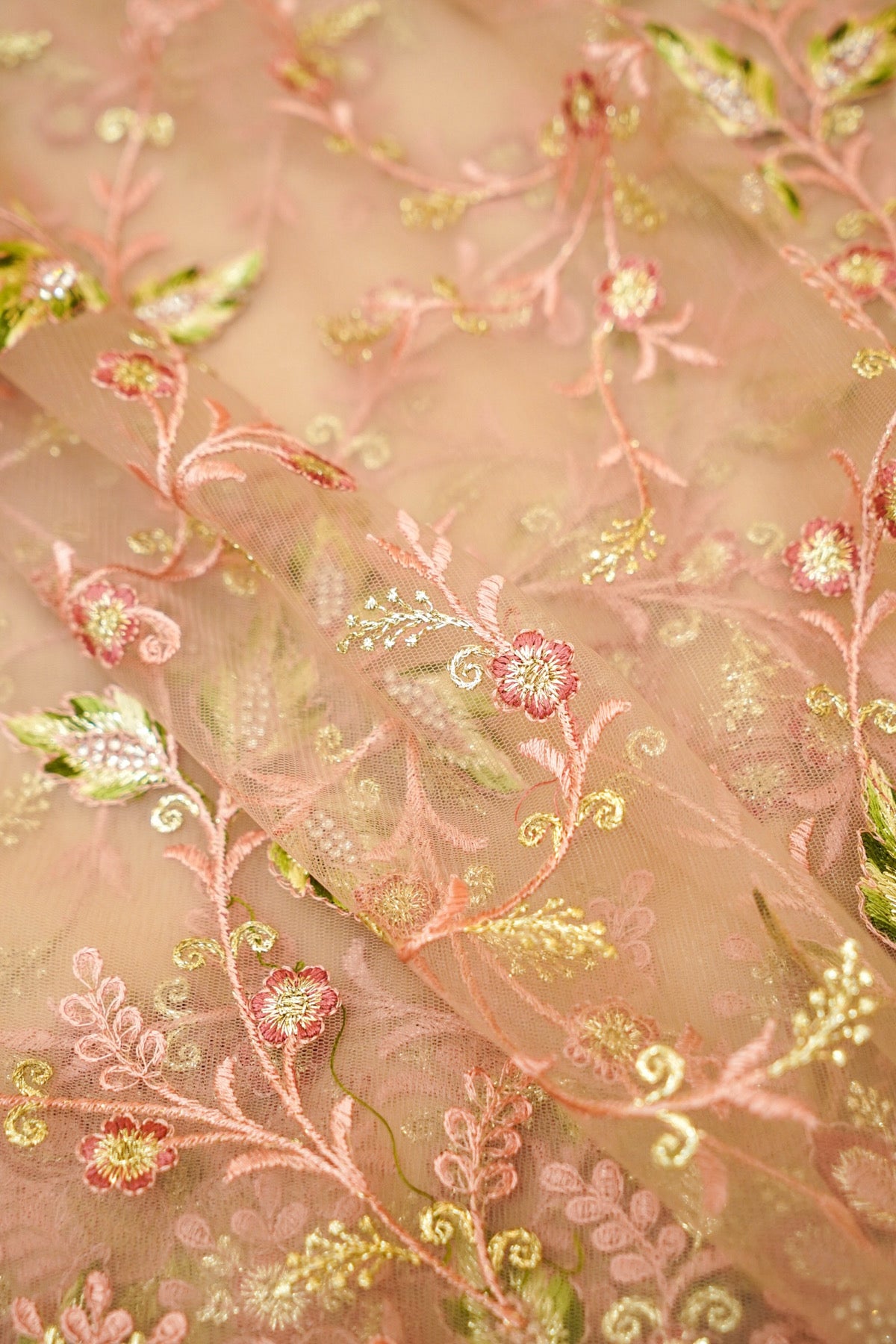 Dusty Rose Wildflower Garden Embroidered Net Saree