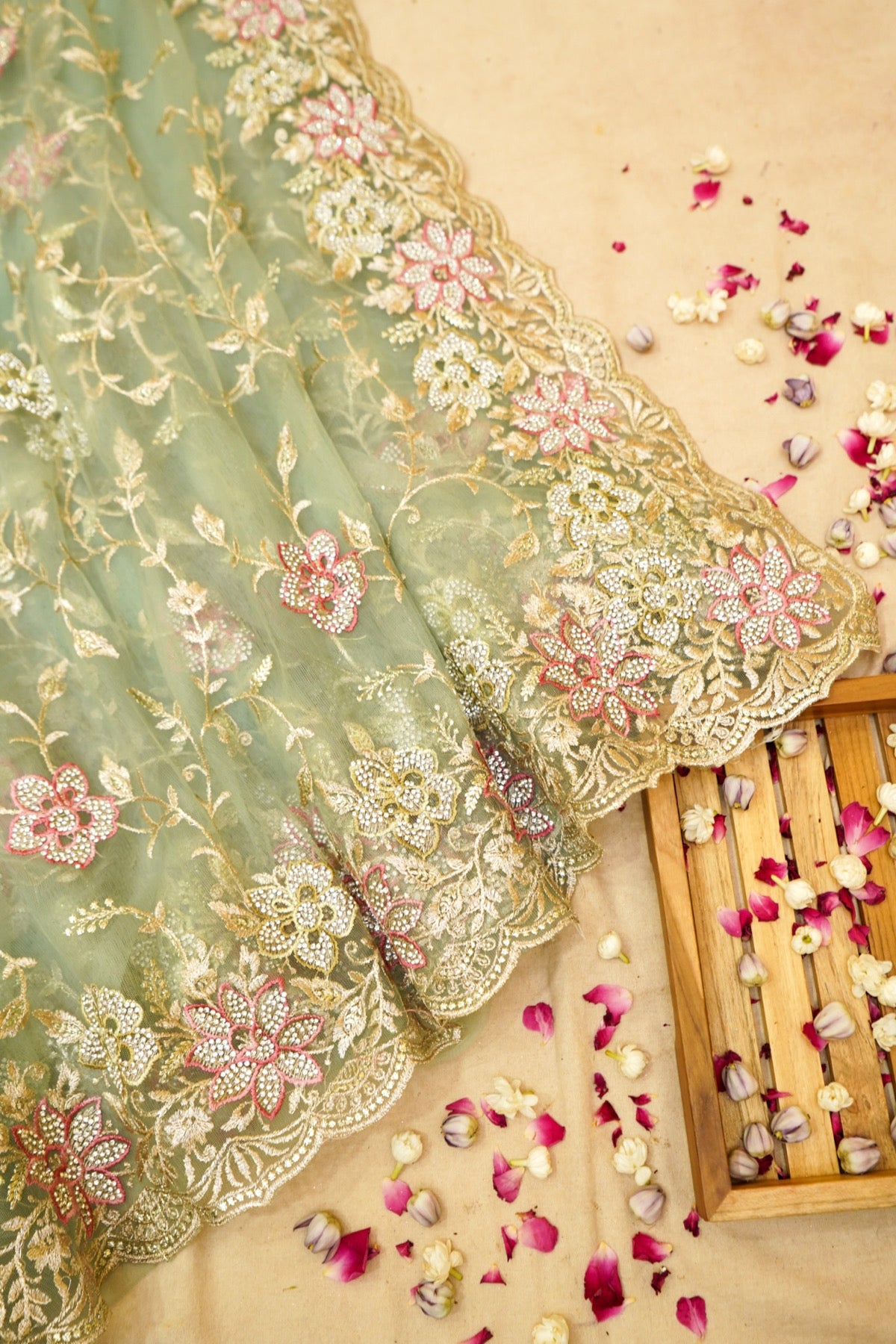 Sage Green Pearl Floral Embroidered Designer Net Saree