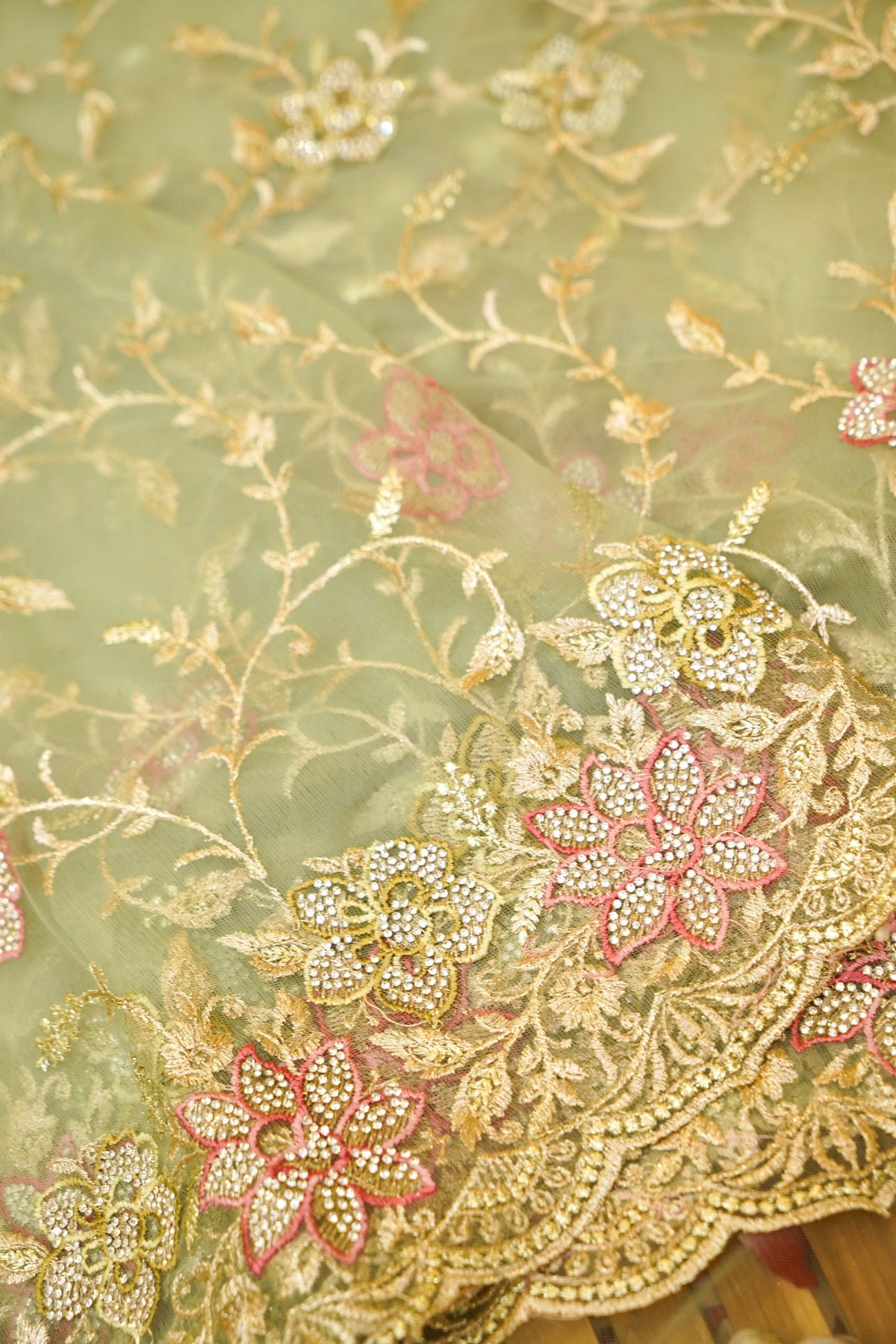 Sage Green Pearl Floral Embroidered Designer Net Saree