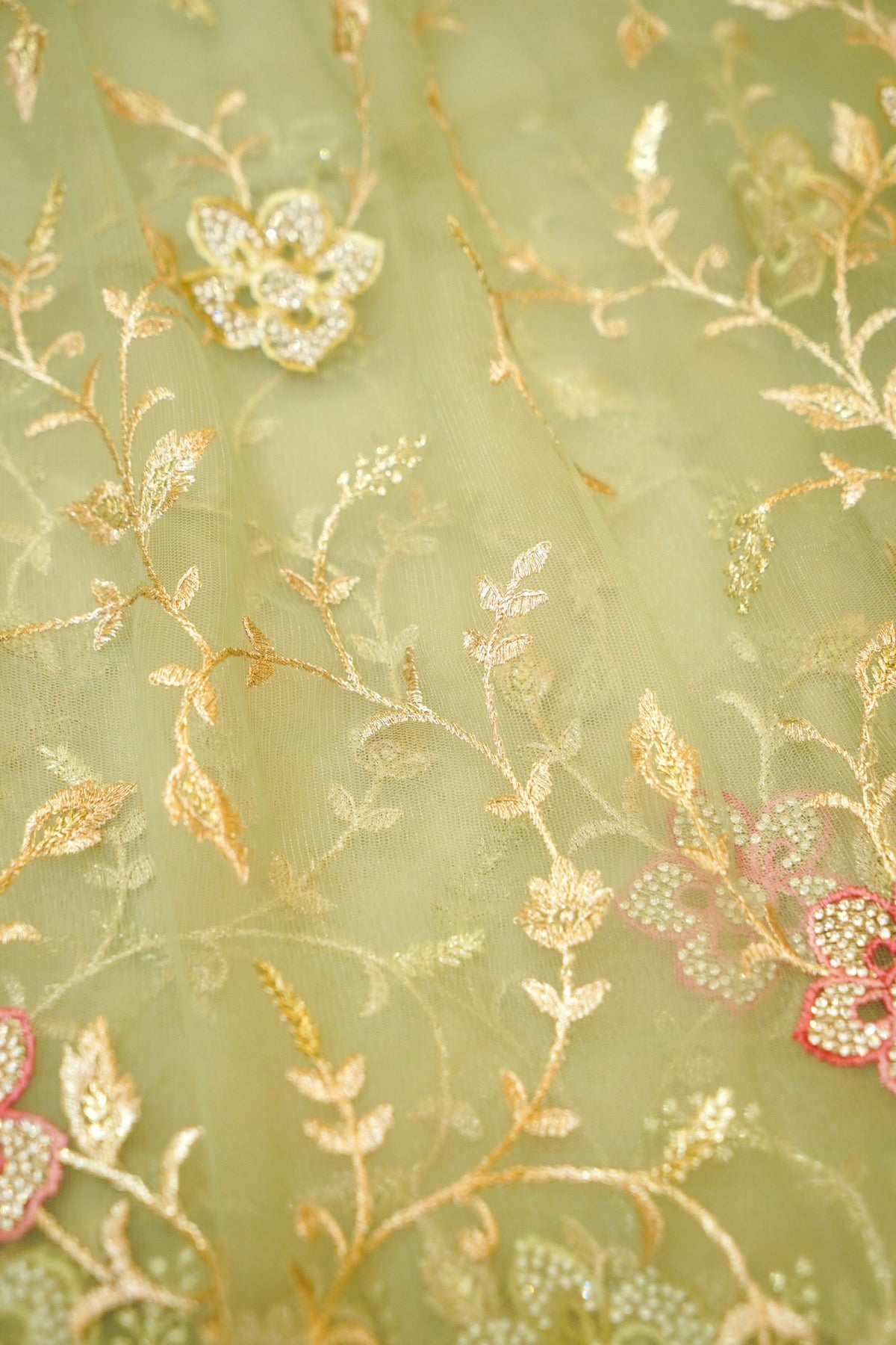 Sage Green Pearl Floral Embroidered Designer Net Saree